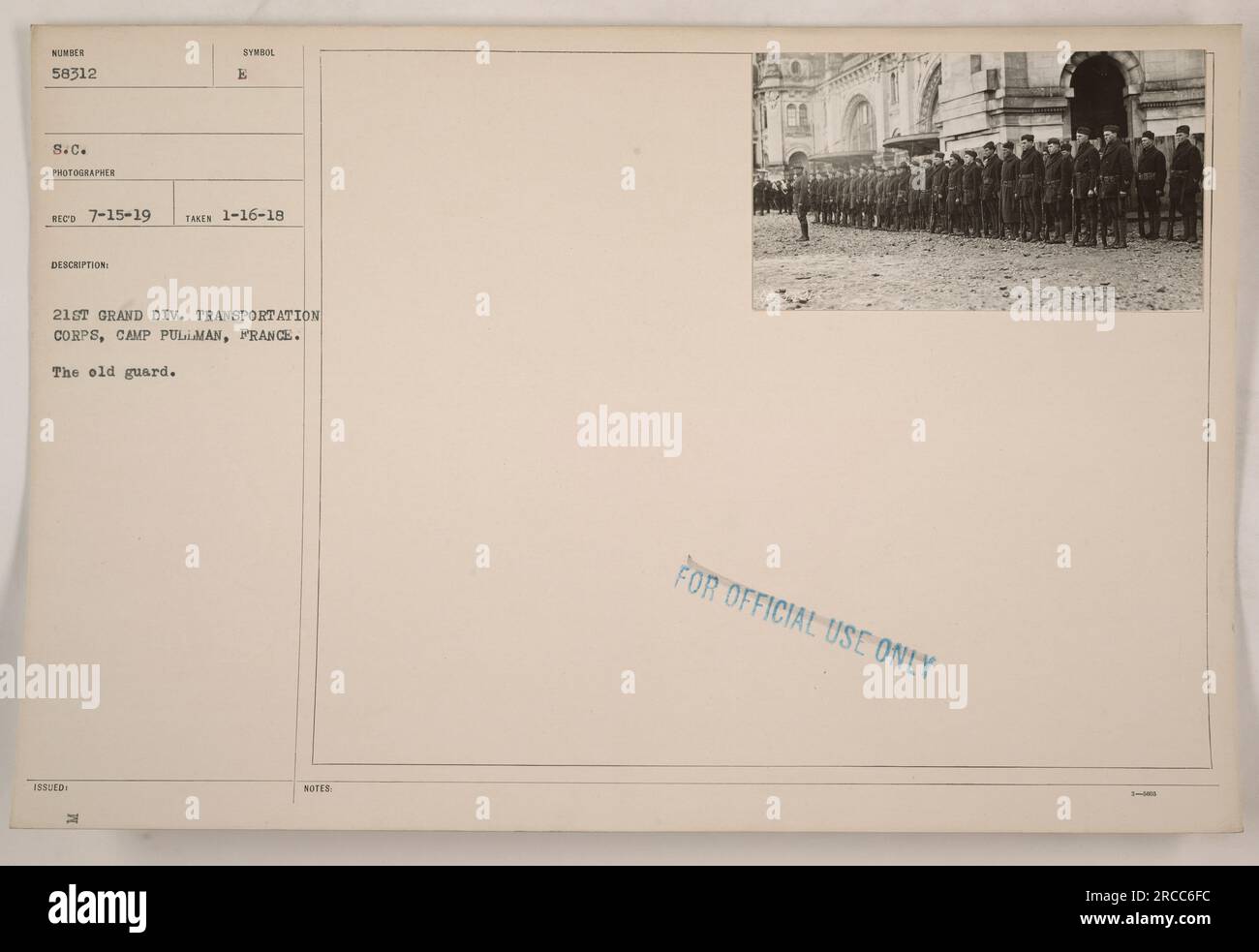 Soldiers from the 21st Grand Div. Transportation Corps, Camp Pullman, France, photographed while on duty. The photo was taken on January 16, 1918, and bears the symbol issued by the E 21st Grand Div. Transportation Corps. This image was intended for official use only. Stock Photo
