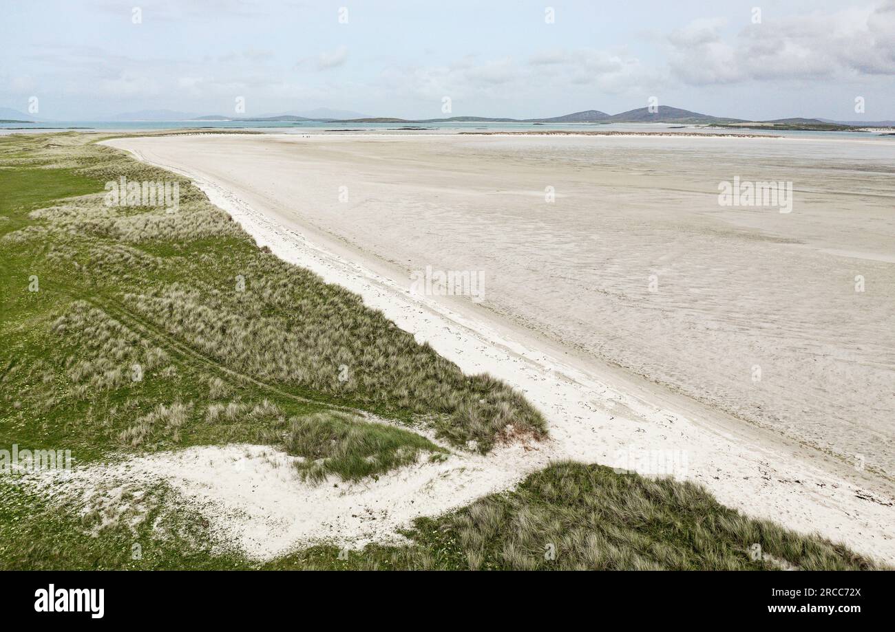 East from coastal machair sand dunes at Udal across the tidal sands of Traigh Ear at Grenitote on north coast of North Uist, Outer Hebdrides, Scotland Stock Photo