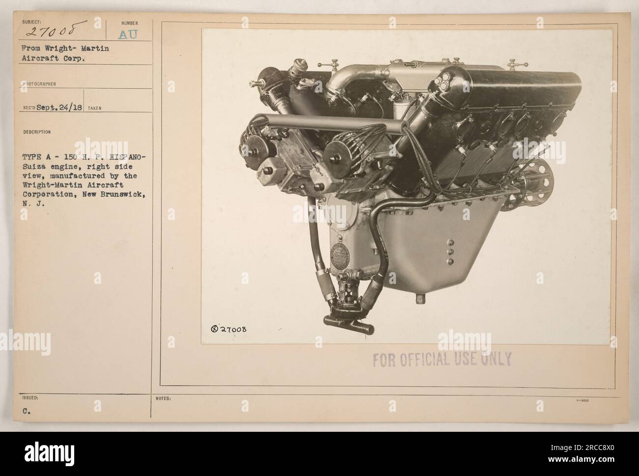 A 150 horsepower HISPANO-Suiza engine, as seen from the right side, manufactured by the Wright-Martin Aircraft Corporation in New Brunswick, New Jersey. This photograph was taken on September 24, 1918, and was assigned the identification number 111-SC-27008. The image is restricted for official use only. Stock Photo