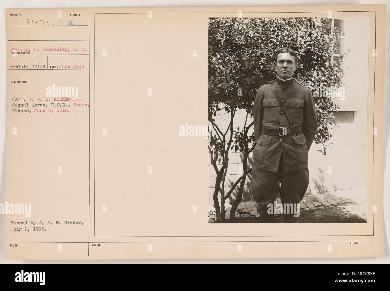 Private L. P. Goldshlag of the Signal Corps is pictured during a military activity in Tours, France on June 2, 1918. The photograph was taken by an unknown photographer and was officially issued by Captain J. B. L. Hickerson of the Signal Corps. The image was approved by the A. E. F. Censor on July 2, 1918. Stock Photo