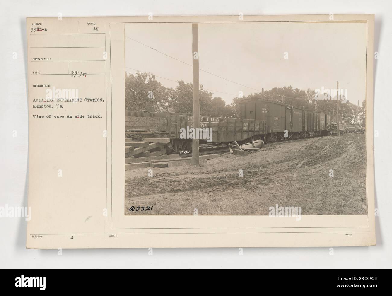 Cars parked on a side track at the Aviation Experiment Station in Hampton, Virginia. This photograph, identified as 111-SC-3321A, shows vehicles lined up alongside the track. It was taken in the year 1917 by an unidentified photographer. Stock Photo