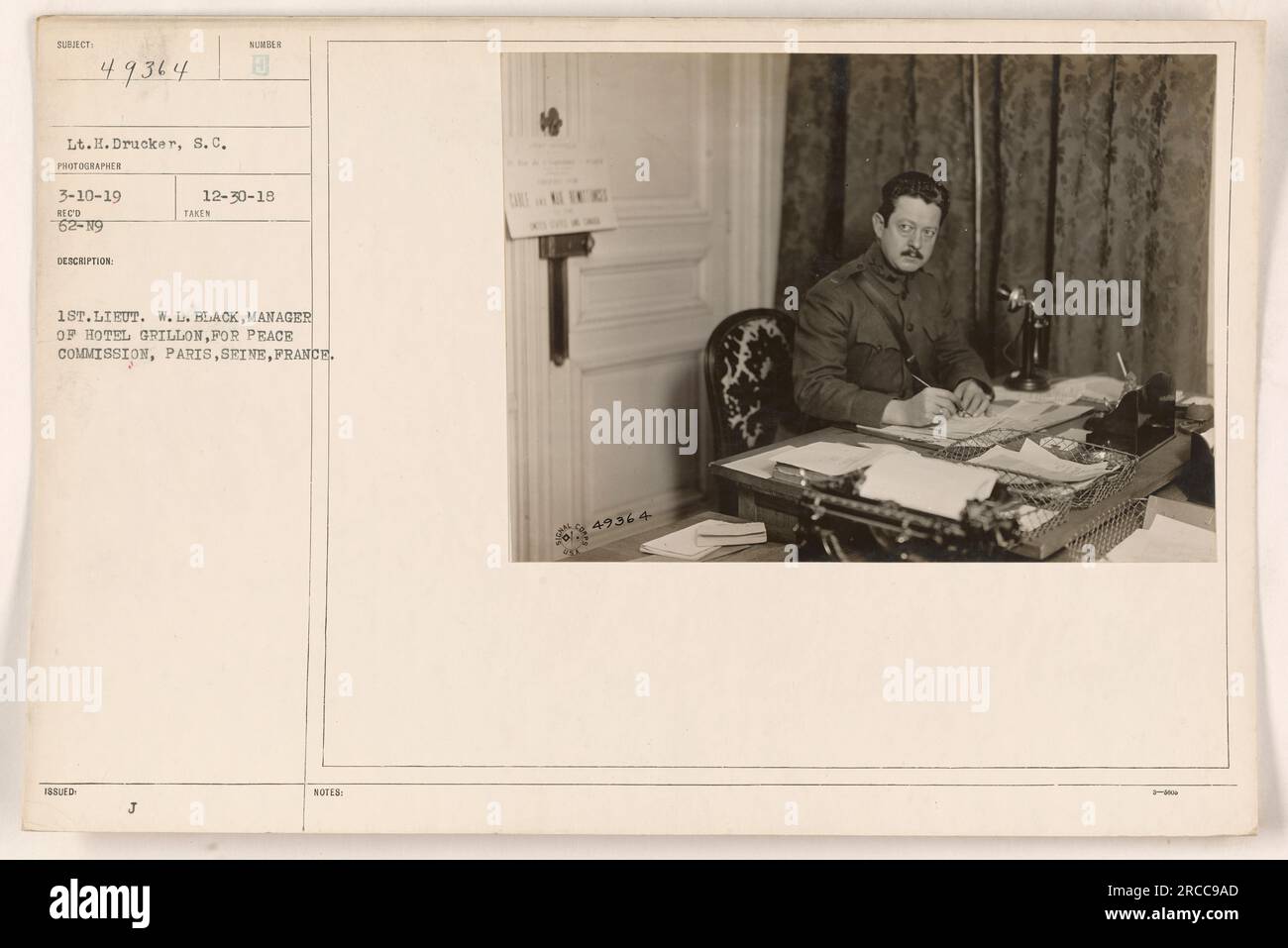1st Lt. W.L. Black, manager of Hotel Grillon, is photographed in Paris, Seine, France, while working for the peace commission during World War One. The photograph was taken by photographer Lt. H. Drucker on March 10, 1919. The photo is numbered 49364 and was issued on December 30, 1918. Stock Photo