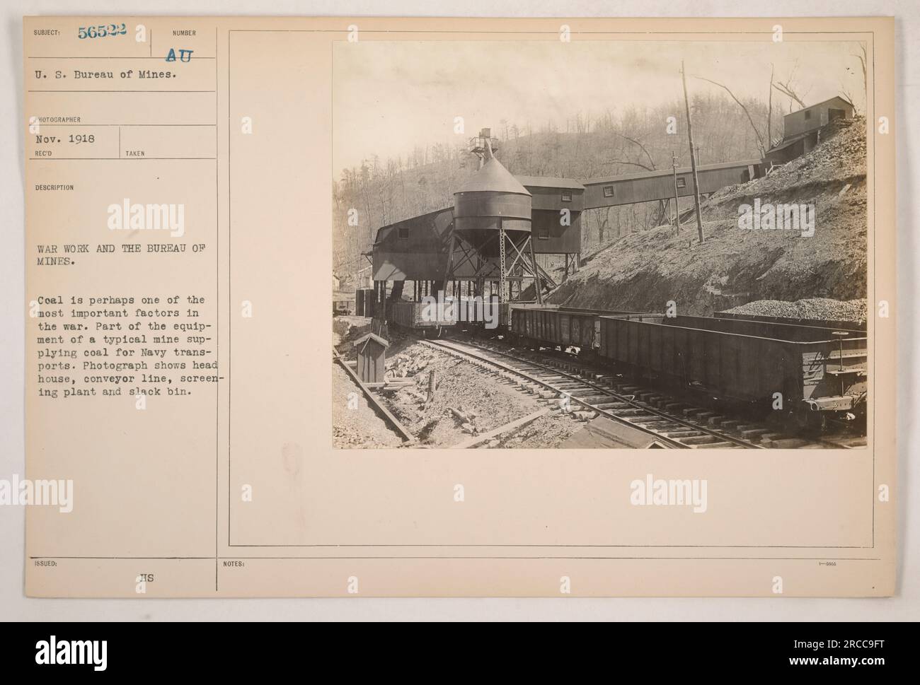 Coal mining operations during World War I were crucial to support the war effort. This photograph depicts a typical mine equipped to supply coal for Navy transports. The components shown include a head house, conveyor line, screening plant, and slack bin. The U.S. Bureau of Mines played a significant role in coordinating such war work activities. Stock Photo