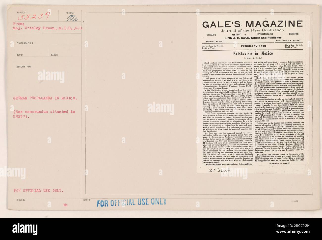 'German propaganda in Mexico. This image shows a newspaper titled ‘Gale’s Magazine’ with an article discussing Bolshevism in Mexico. The article claims that socialism and communism are gaining traction in Mexico and warns against their spread. This propaganda aimed to discredit and undermine the Mexican government and promote German interests during World War One.' Stock Photo