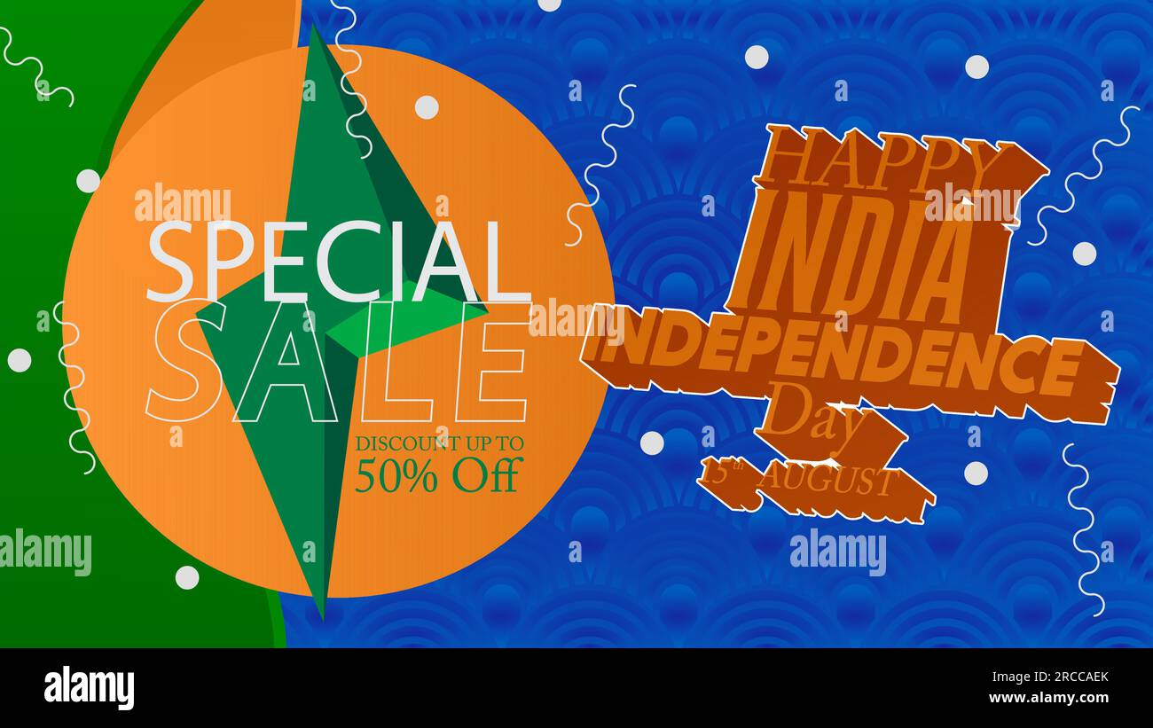 Indian Independence Day Sale poster with flag tricolor, green, orange and white. Patriotism template, Happy India Freedom celebration with special off Stock Vector