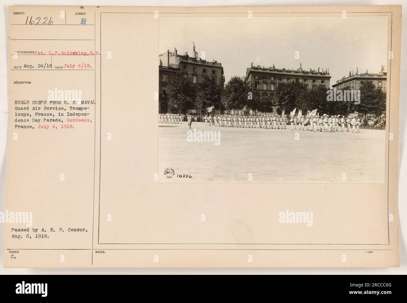 US Naval Guard Bugle Corps participates in the Independence Day Parade in Bordeaux, France on July 4, 1918. Taken by Dyt. L.P. Goldshlag on July 4, 1918 and received on August 24, 1918. The photograph was passed by the A.E.P. Censor on August 6, 1918. Stock Photo