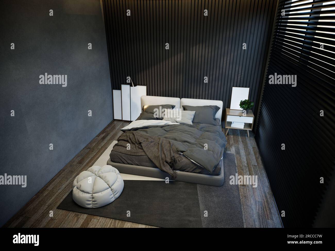 interior of the bedroom is minimal with black base tones. 3D illustration rendering Stock Photo
