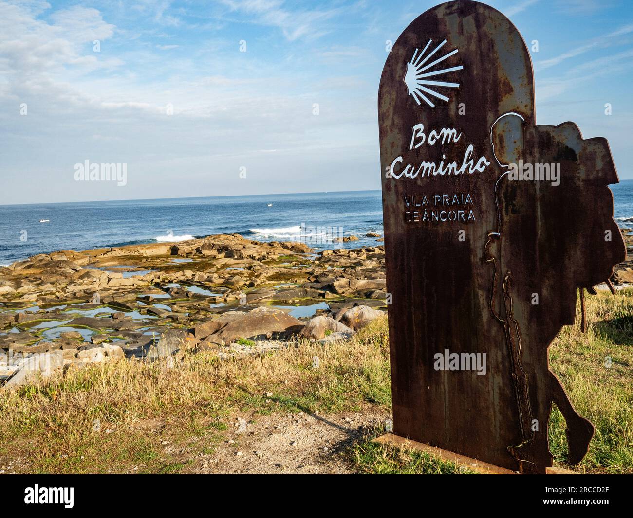 June 11, 2023, Vila Praia de Ancora, Viana do Castelo, Portugal: A mark with the shape of a pilgrim is seen wishing a good trip to the pilgrims. The Coastal Route of the Portuguese Camino is a beautiful alternative walk to the Central Route. The total distance of the route is 280 km. It starts in Porto and follows the coast till Redondela in Spain where it merges with the Central Route. About 30% of pilgrims who complete the Portuguese Camino walk the Coastal Way. The Portuguese Camino is getting more and more popular, and many pilgrims choose this route as an alternative to the Camino Frances Stock Photo
