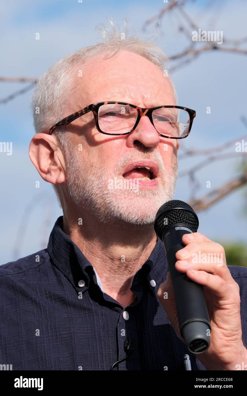 London, UK. 13th July, 2023. Independent MP for Islington North Jeremy Corbyn addresses rally attendees. After it was announced that the Rail Delivery Group planned up to 1,000 ticket offices in the next three years, the Rail, Maritime and Transport Union (RMT) stepped up their campaign of resistance with a National Day of Action. Trade union members, disablity action groups and MPs joined the rally outside King's Cross Station over access and safety concerns. Credit: Eleventh Hour Photography/Alamy Live News Stock Photo