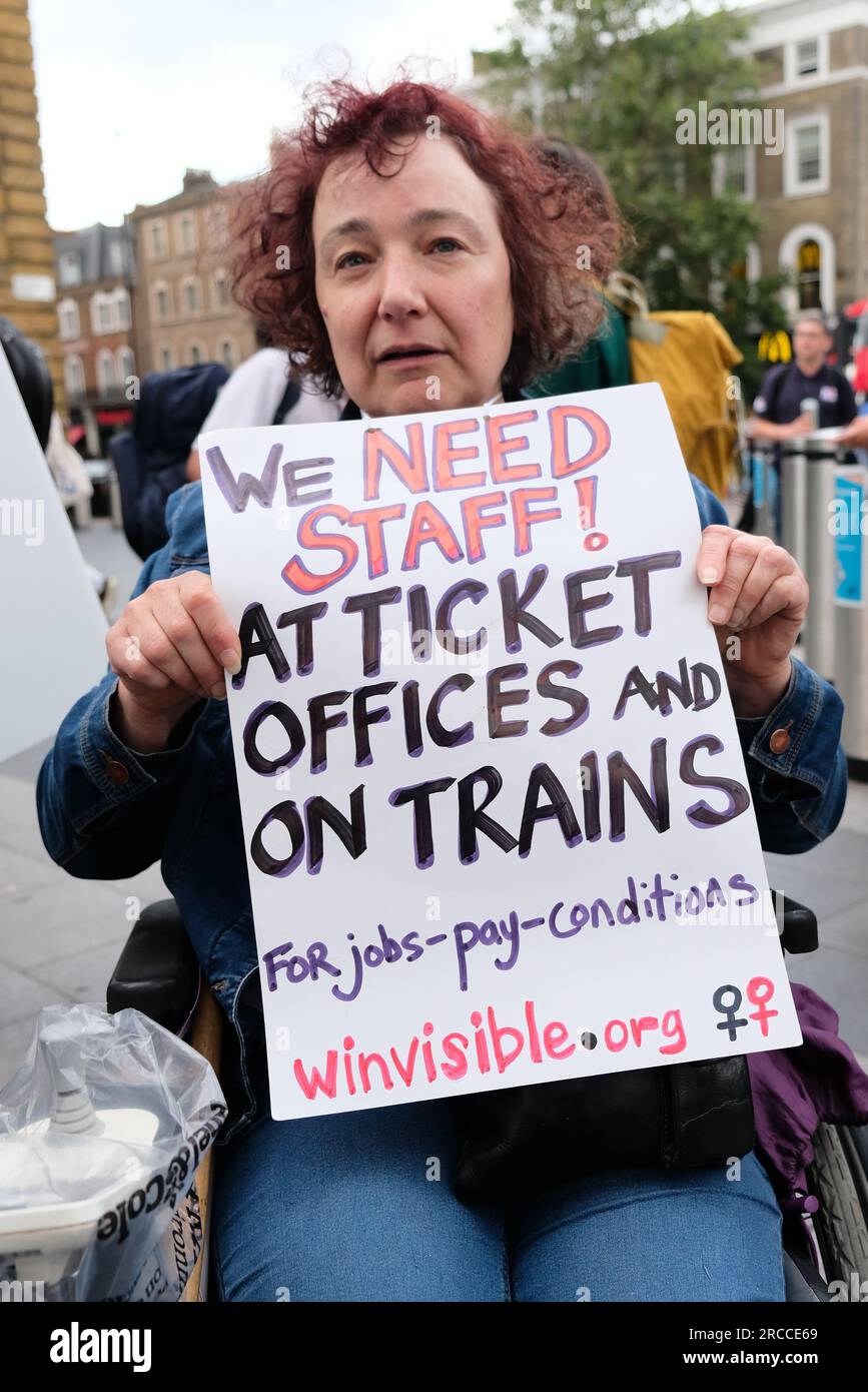 London, UK. 13th July, 2023. After it was announced that the Rail Delivery Group planned up to 1,000 ticket offices in the next three years, the Rail, Maritime and Transport Union (RMT) stepped up their campaign of resistance with a National Day of Action. Trade union members, disablity action groups and MPs joined the rally outside King's Cross Station over access and safety concerns. Credit: Eleventh Hour Photography/Alamy Live News Stock Photo