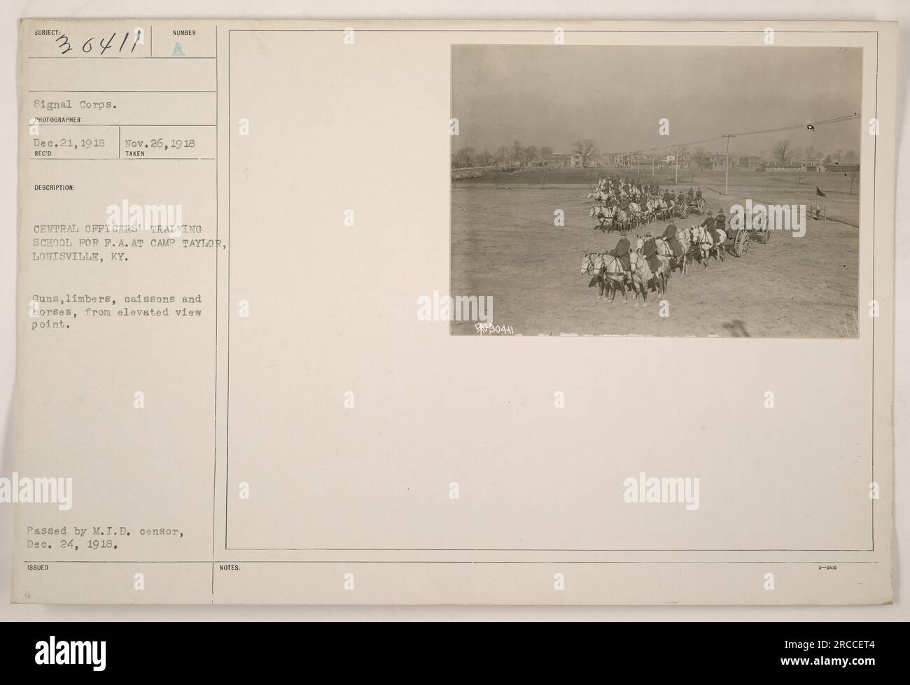 Image depicts an elevated view of guns, limbers, caissons, and horses