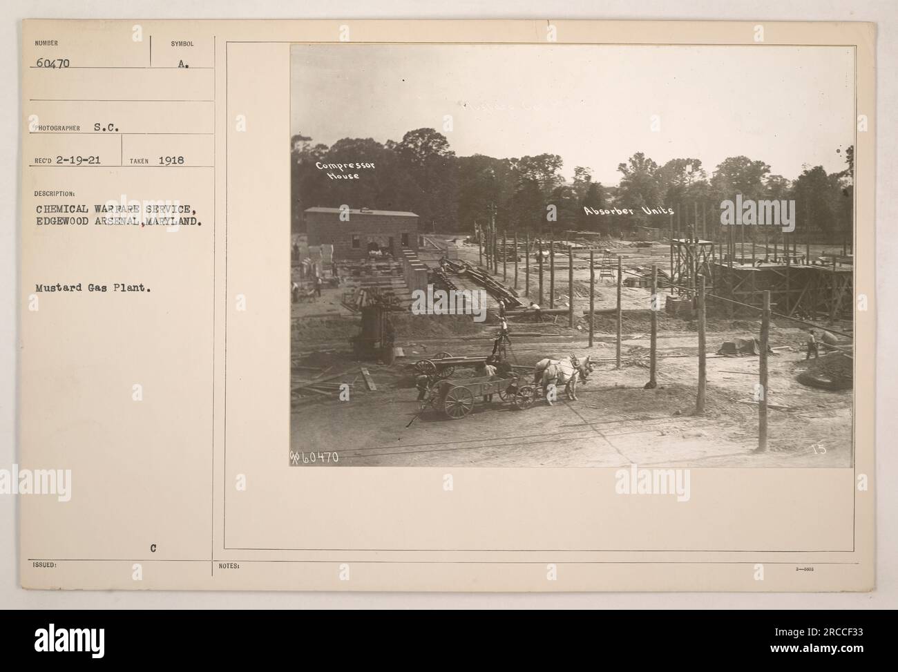 This photograph shows the Mustard Gas Plant at Edgewood Arsenal, Maryland in 1918. The plant was operated by the Chemical Warfare Service and included a Compressor House and Absorber Units. It is a part of the collection 'Photographs of American Military Activities during World War One.' Stock Photo