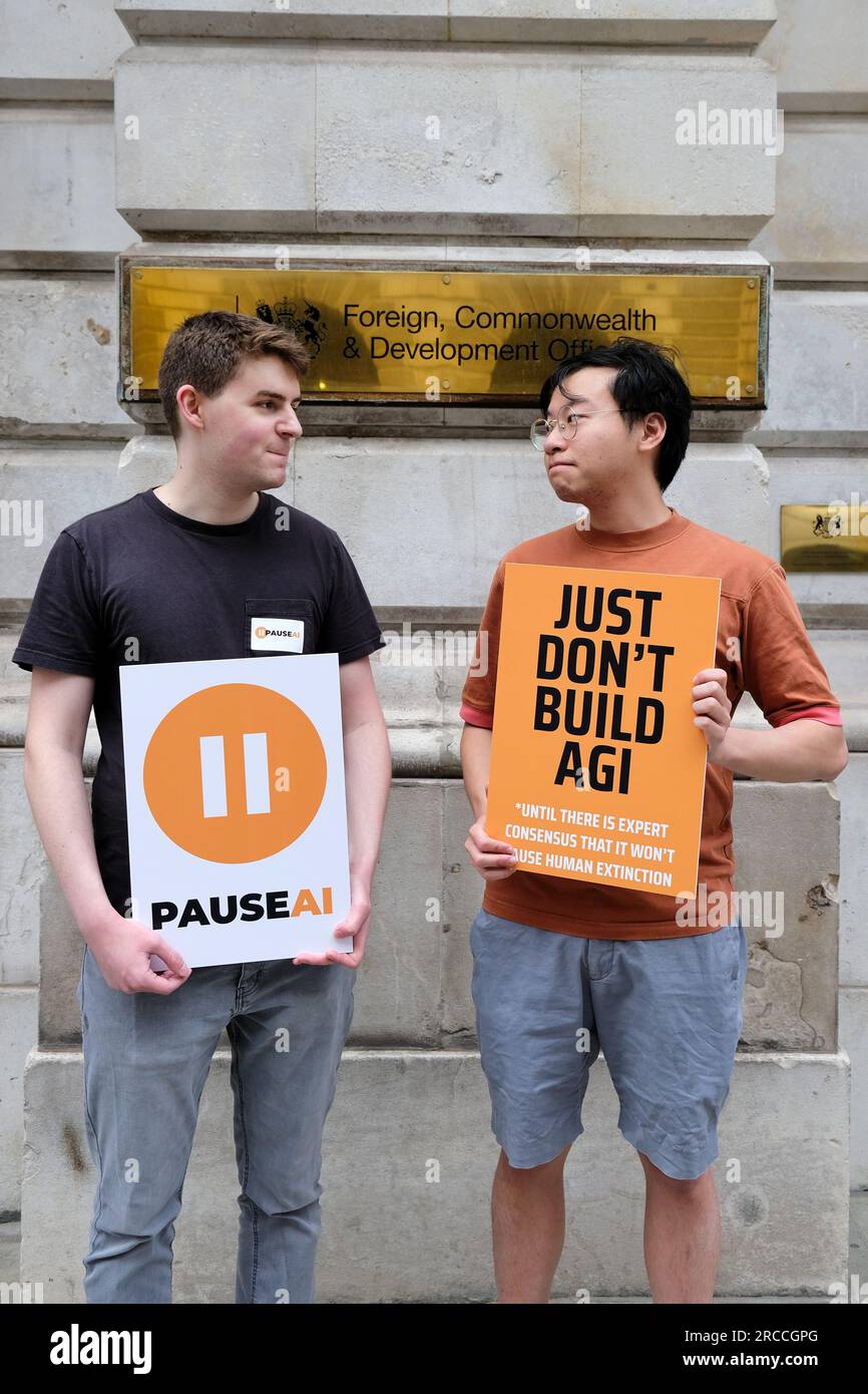 Pause AI activists protest outside the FCDO to ask for a global moratorium on AGI development ahead of the UN Security Council's first meeting. Stock Photo