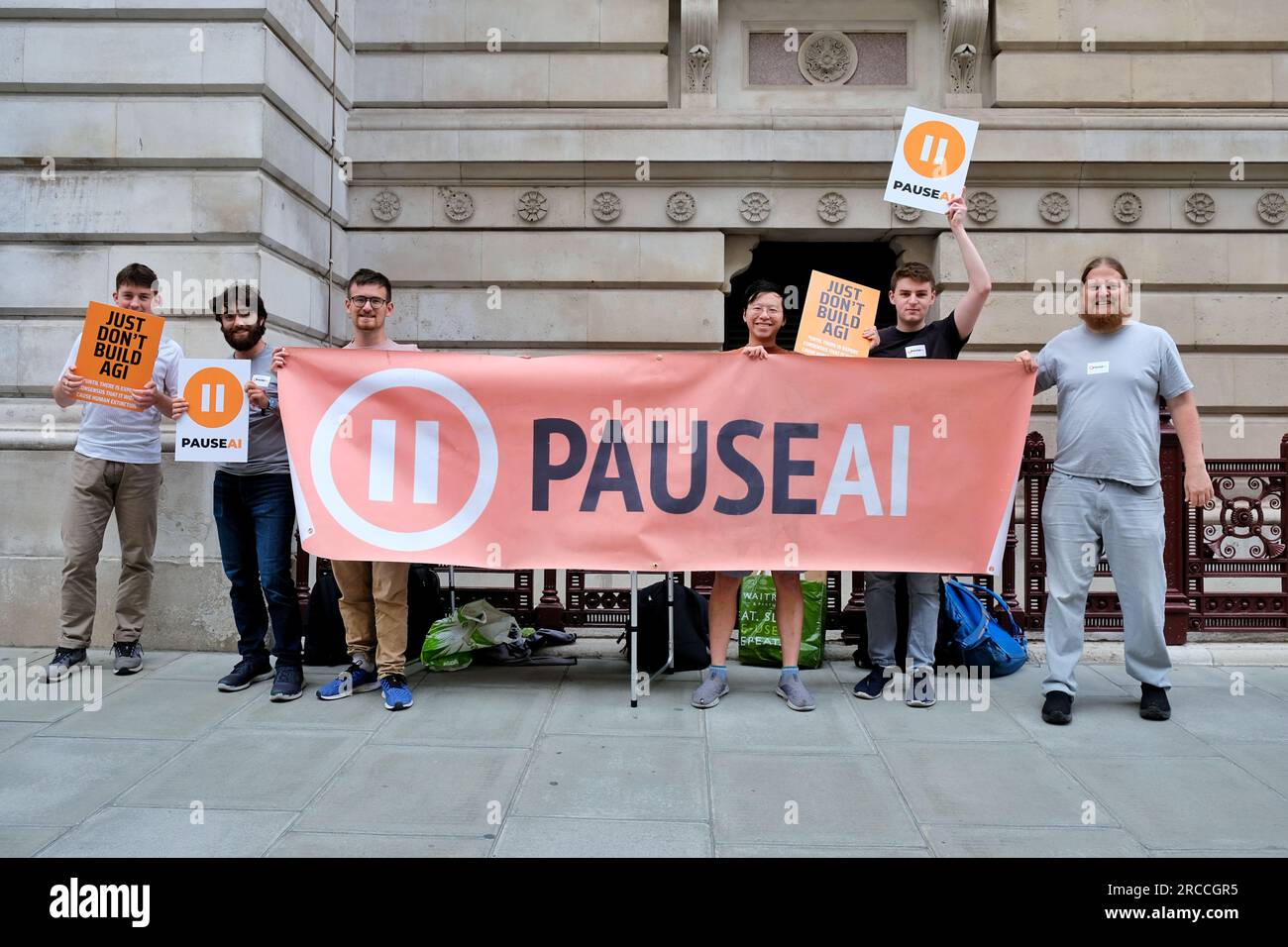 Pause AI activists protest outside the FCDO to ask for a global moratorium on AGI development ahead of the UN Security Council's first meeting. Stock Photo