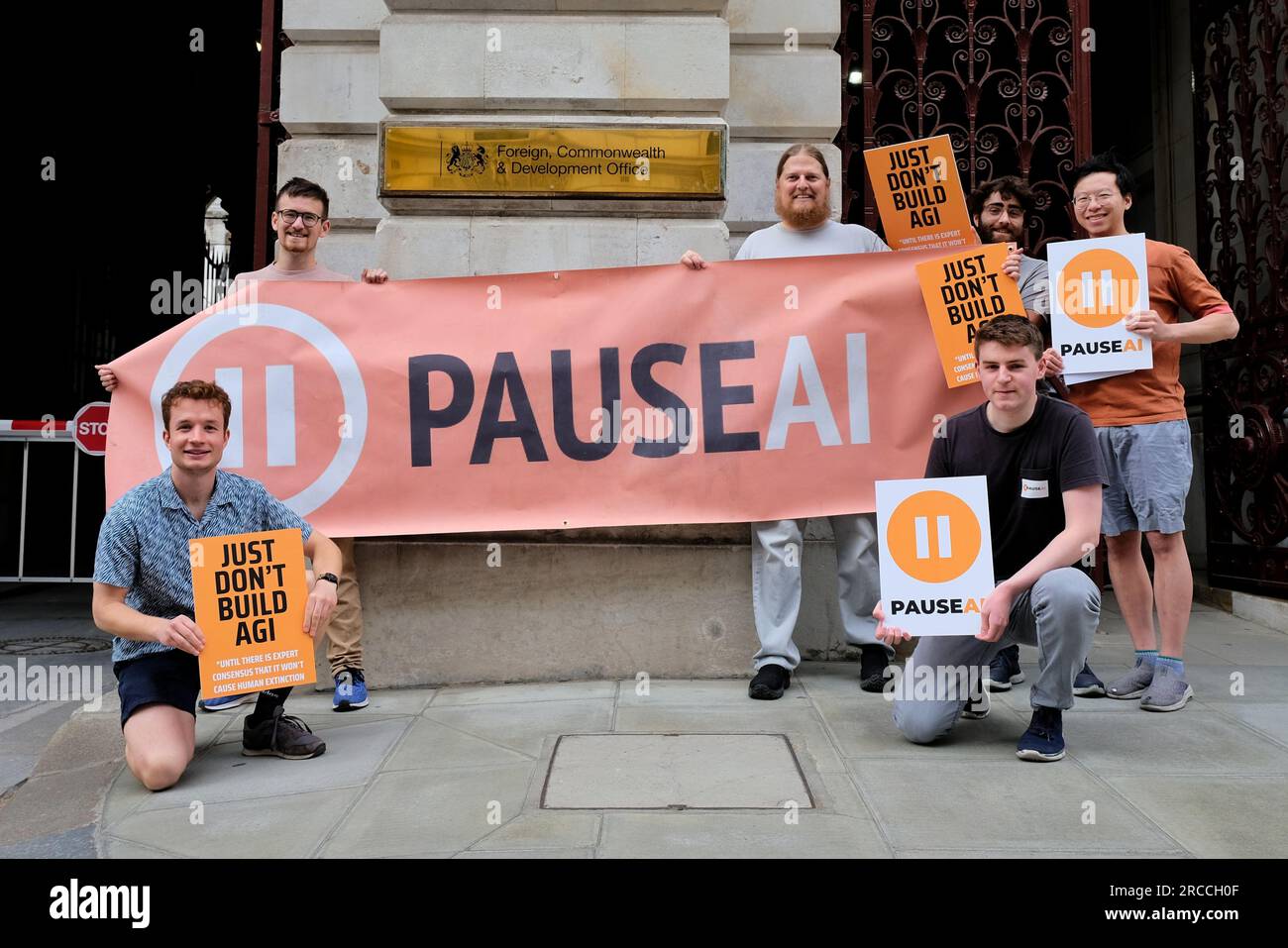 Pause AI activists protest outside the FCDO to ask for a global moratorium on AGI development ahead of the UN Security Council's first meeting. Stock Photo