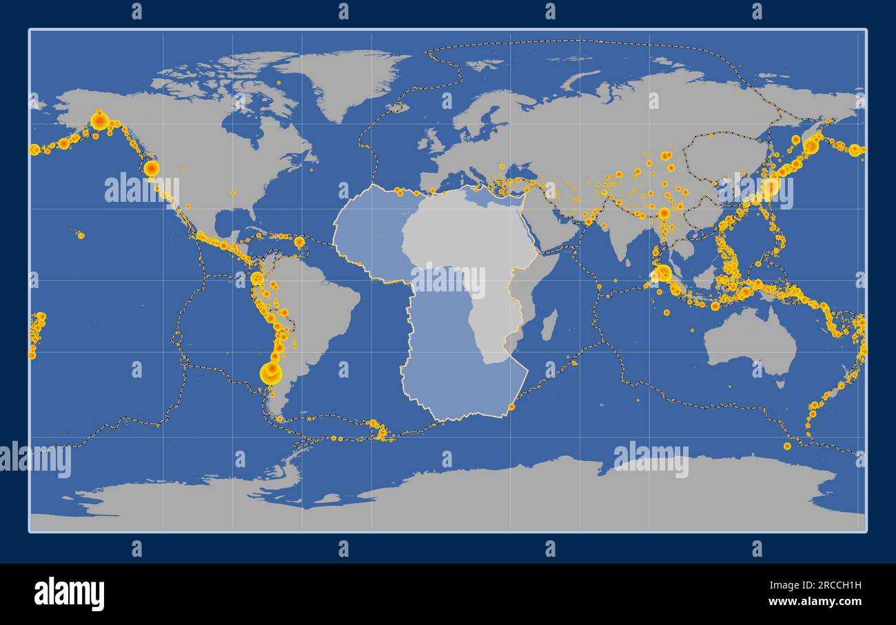 Shape of the African tectonic plate on the solid contour map in the Compact Miller projection centered meridionally. Locations of earthquakes above Ri Stock Vector