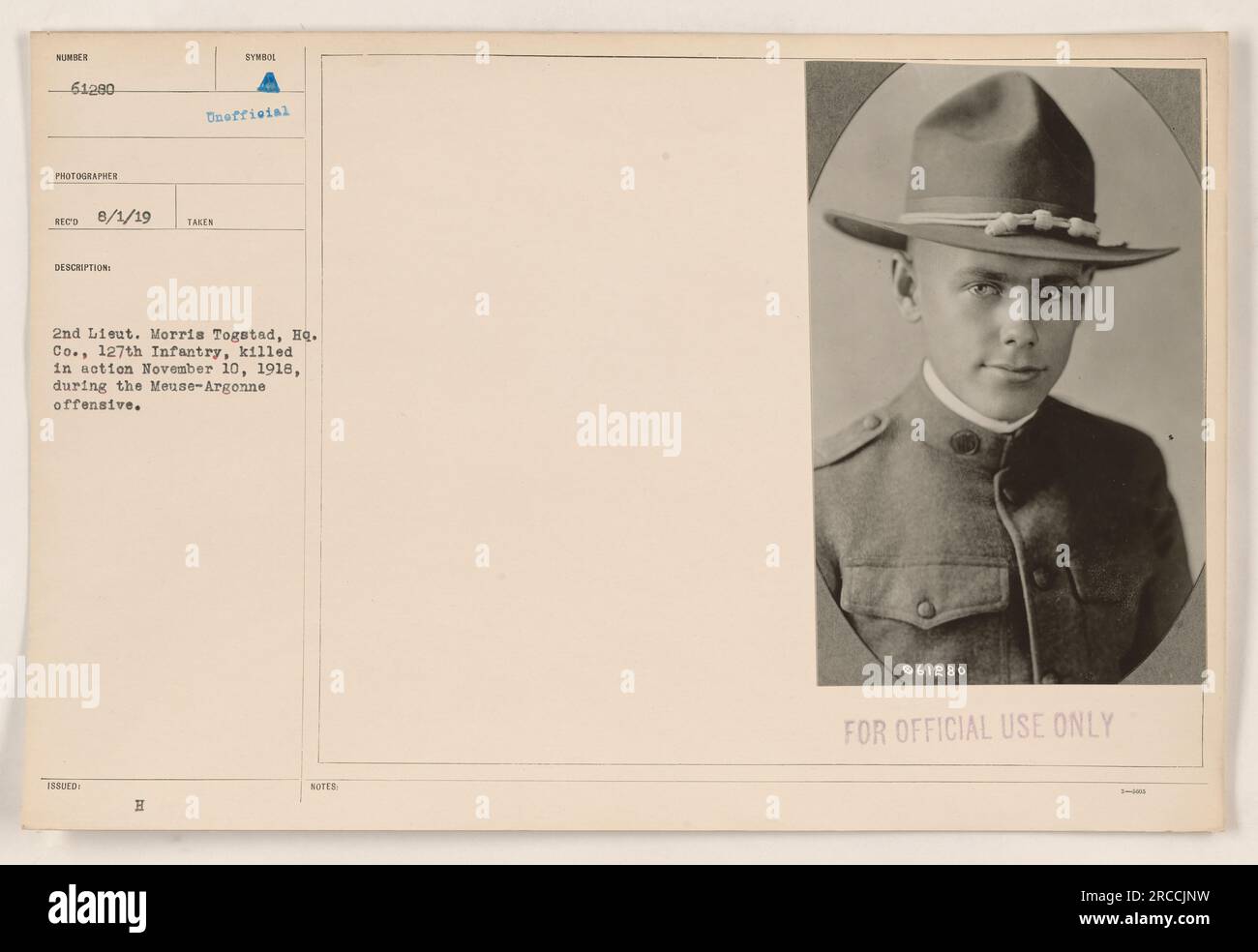 2nd Lieutenant Morris Togstad Of Hq Co 127th Infantry Was Killed 