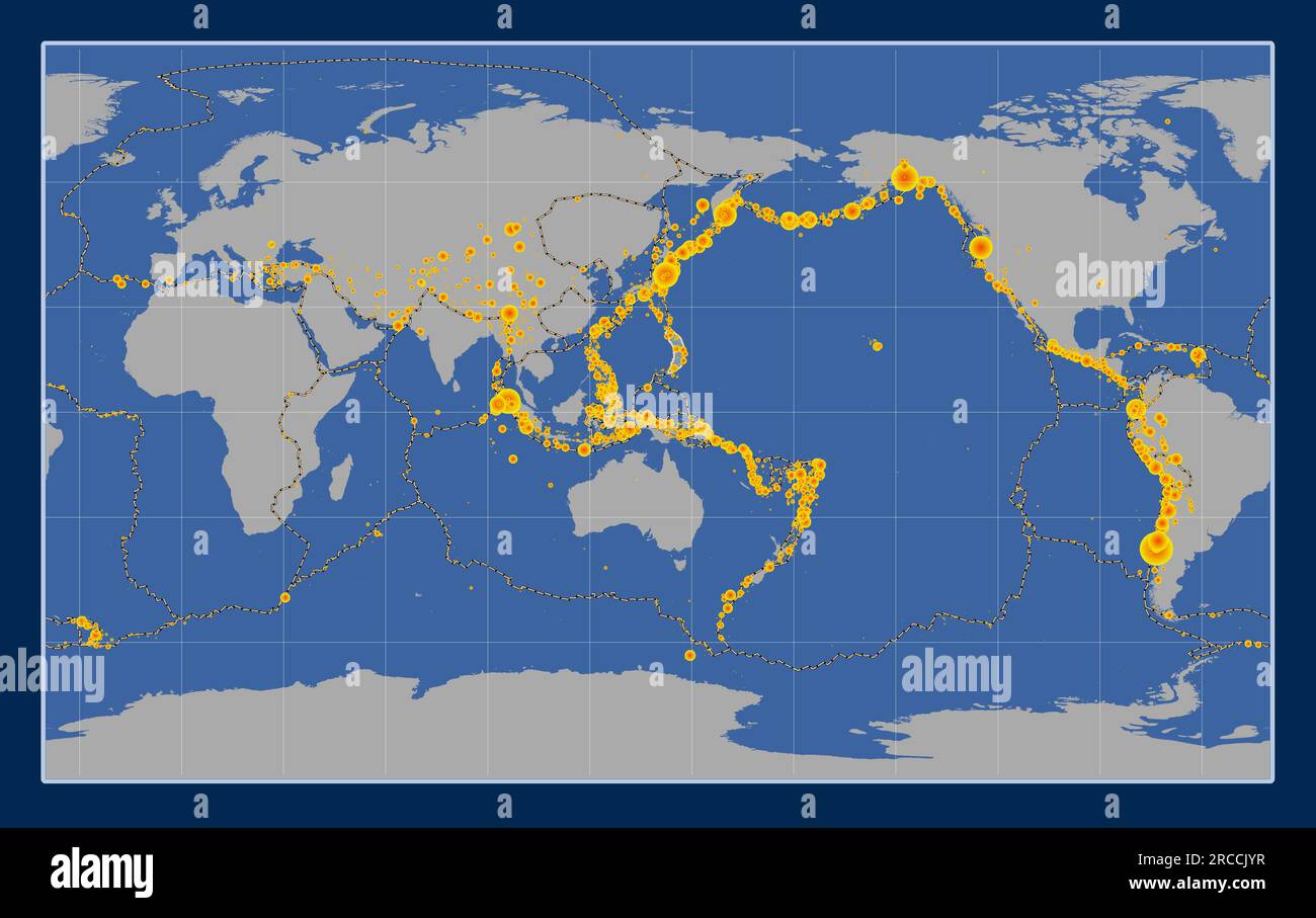 Shape of the Mariana tectonic plate on the solid contour map in the Compact Miller projection centered meridionally. Locations of earthquakes above Ri Stock Vector