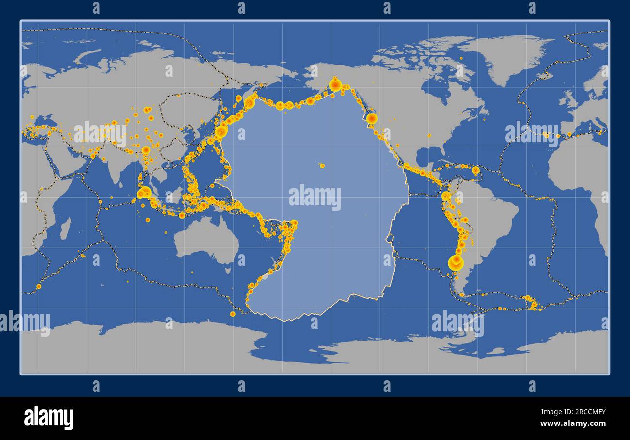 Shape of the Pacific tectonic plate on the solid contour map in the Compact Miller projection centered meridionally. Locations of earthquakes above Ri Stock Vector