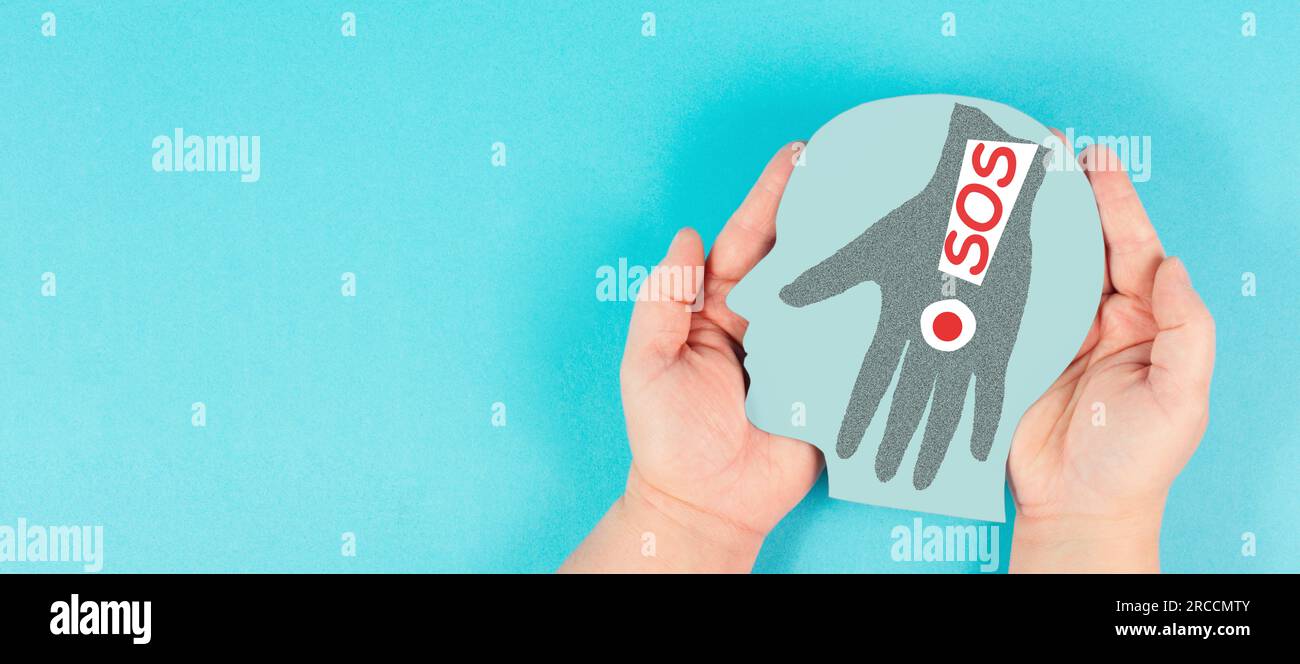 Domestic violence, hand hits face, sos on exclamation mark, international awareness month october for victims and survivors Stock Photo