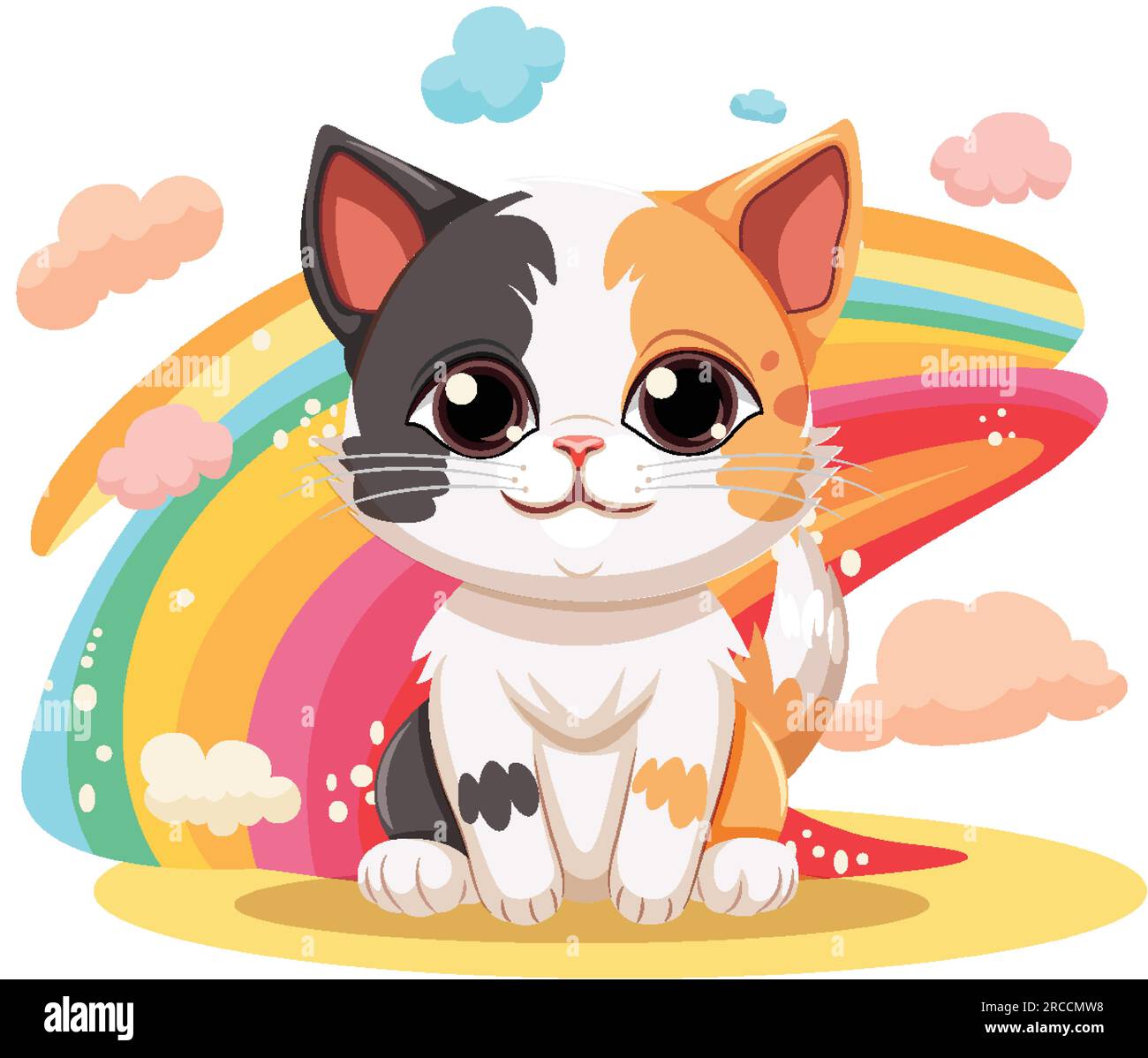 Cute cat cartoon character with rainbow isolated illustration Stock ...