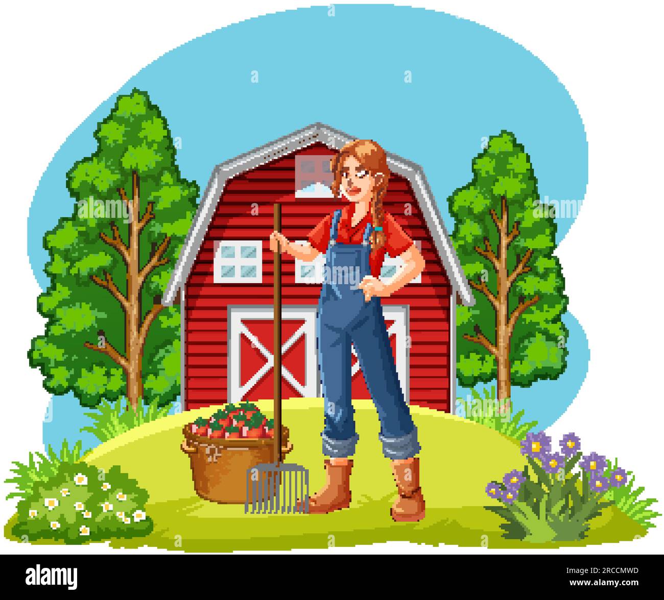 Farm scene with farmer woman character illustration Stock Vector Image ...