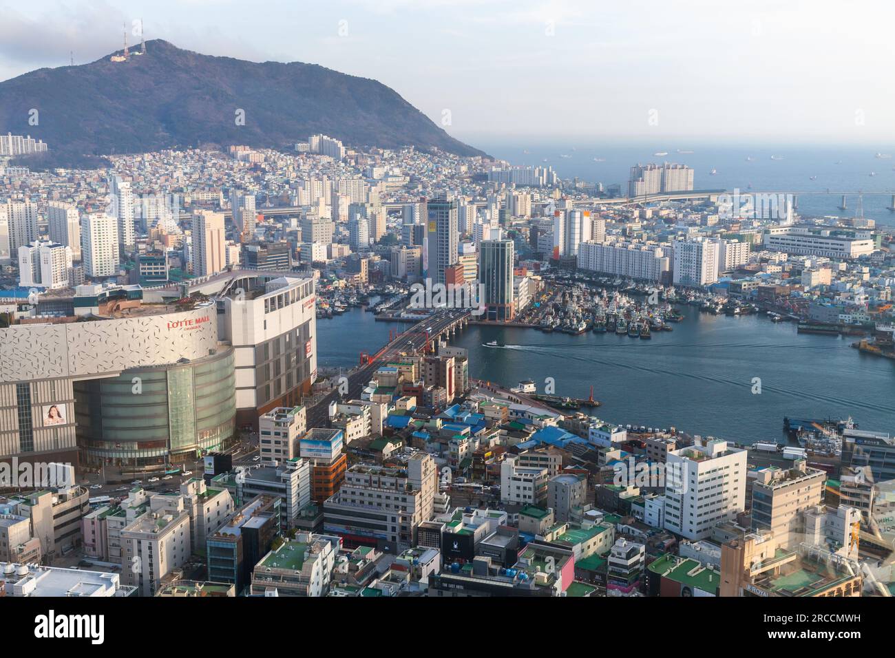 Busan, South Korea - March 14, 2018: Coastal cityscape of Busan on a sunny day, bird eye view Stock Photo