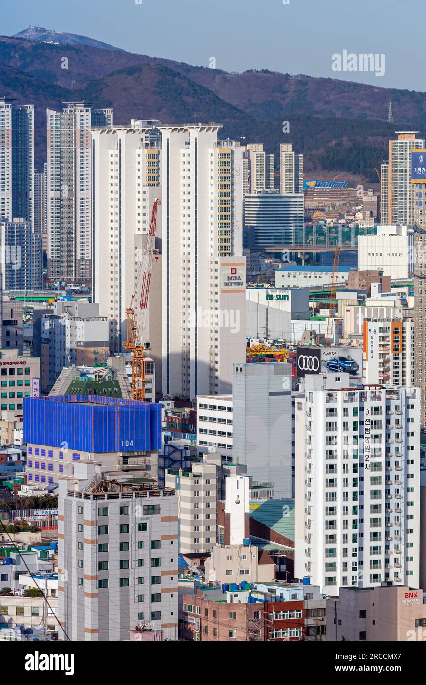 Busan, South Korea - March 22, 2018: Cityscape of Busan downtown, vertical aerial photo taken on a daytime Stock Photo