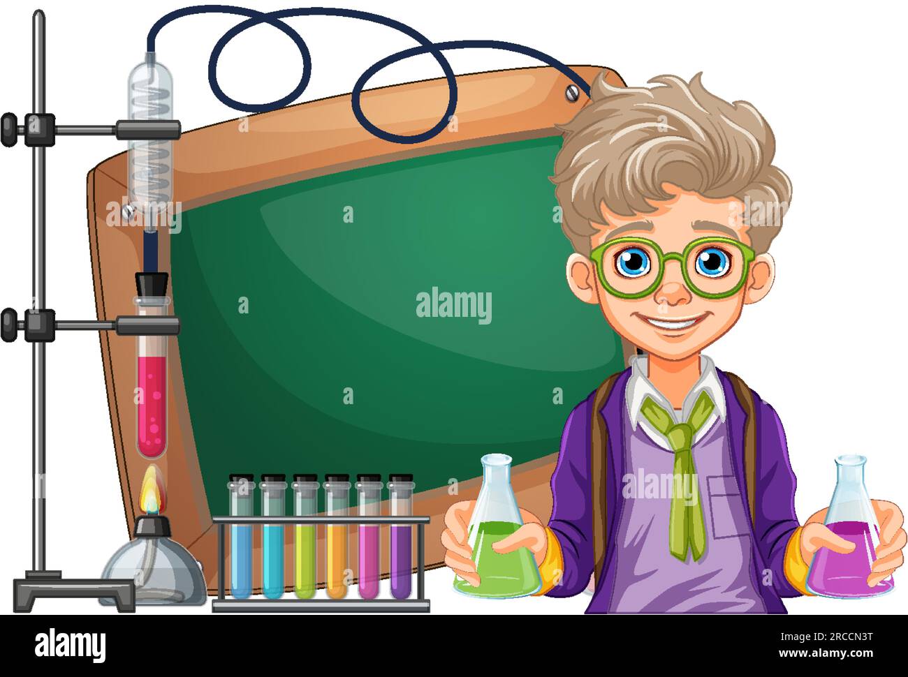 Male student cartoon holding conical flask on science class experiment