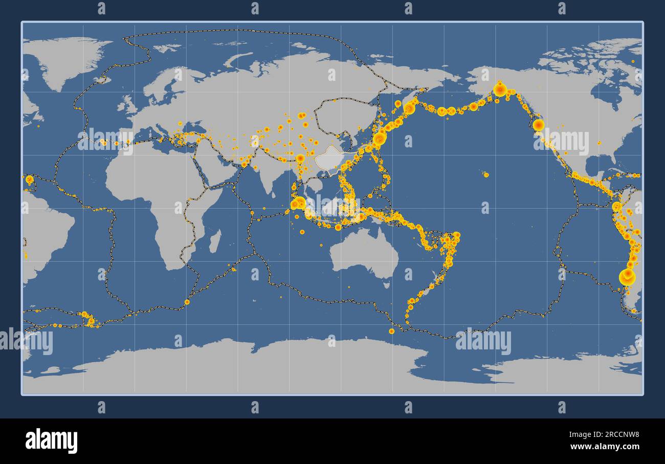 Shape of the Yangtze tectonic plate on the solid contour map in the Compact Miller projection centered meridionally. Locations of earthquakes above Ri Stock Vector