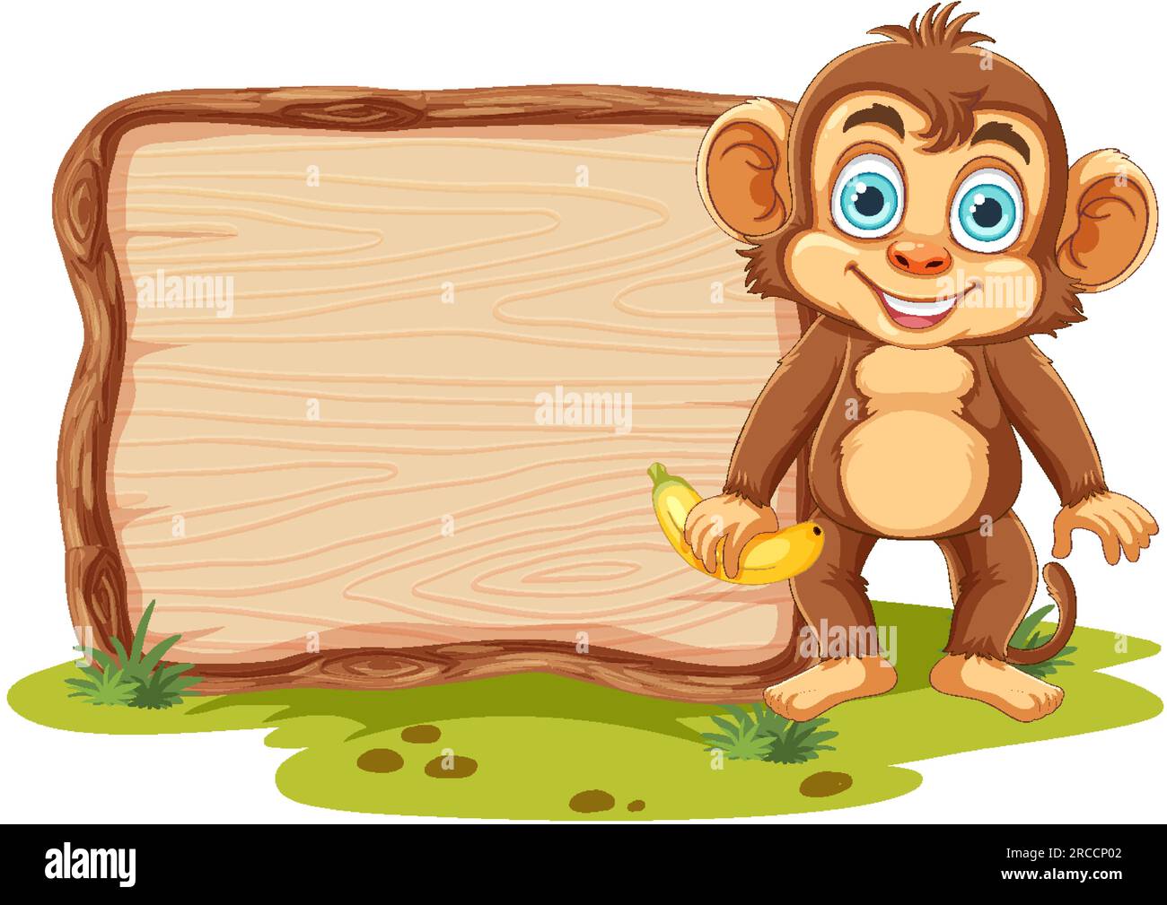 Cute Monkey with Empty Wooden Board illustration Stock Vector Image