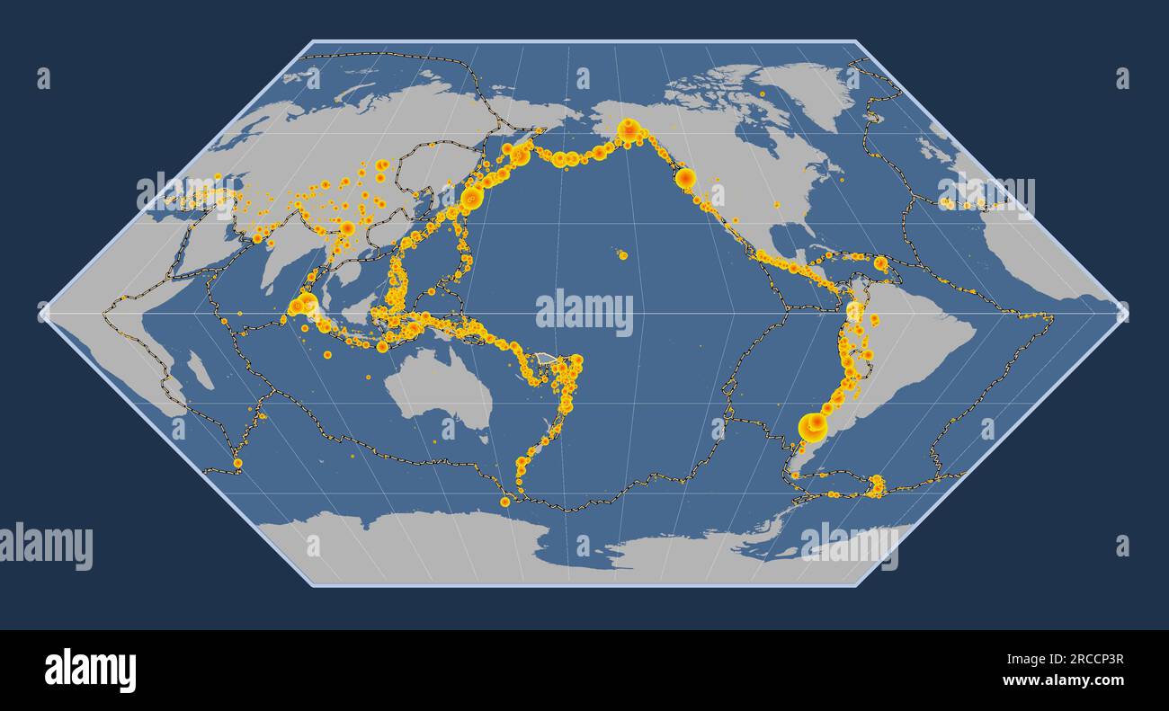 Shape of the Balmoral Reef tectonic plate on the solid contour map in the Eckert I projection centered meridionally. Locations of earthquakes above Ri Stock Vector