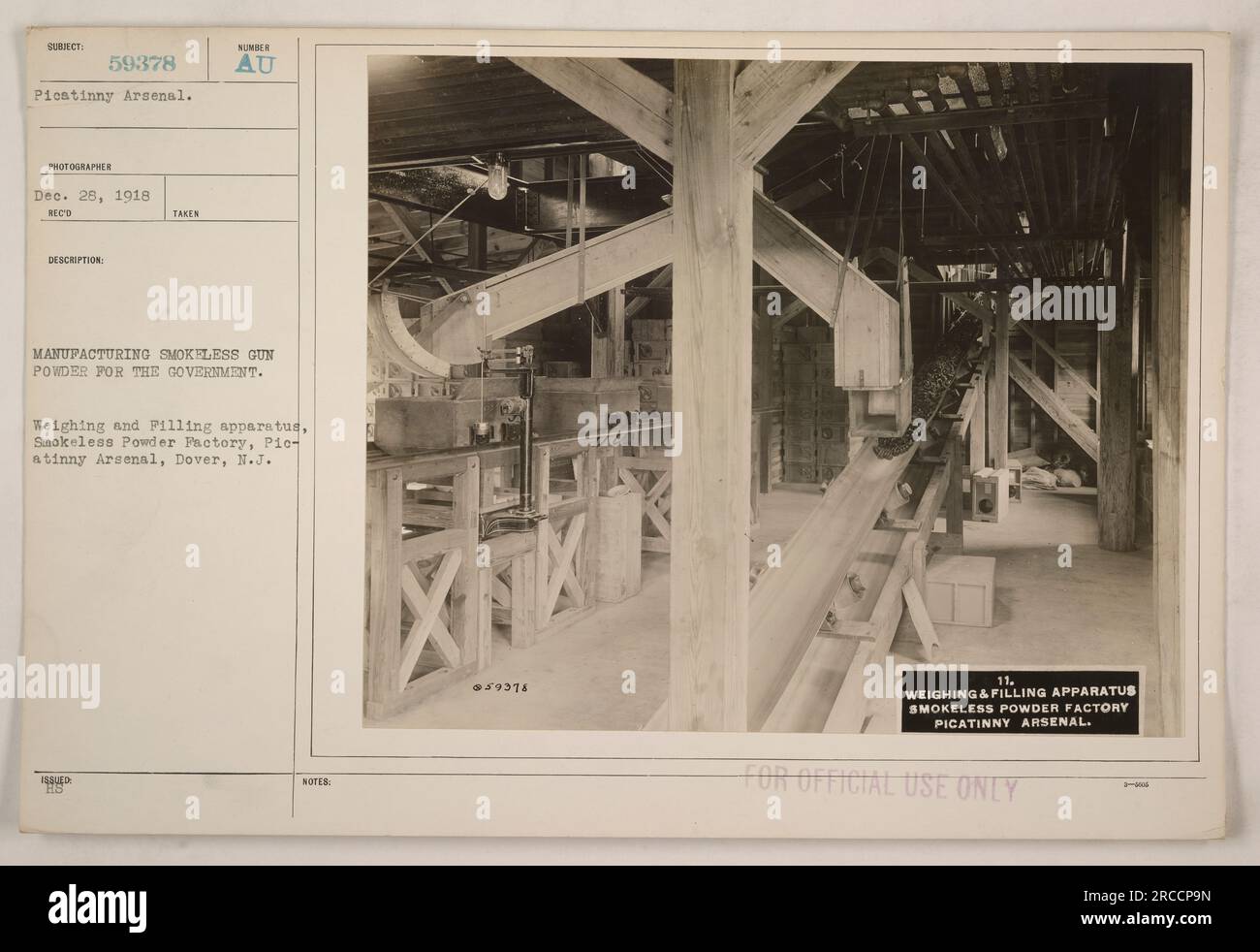 Employees at the Picatinny Arsenal in Dover, New Jersey, are shown operating weighing and filling apparatus in the smokeless powder factory. This factory was responsible for manufacturing smokeless gunpowder for the government during World War I. The photograph was captured on December 28, 1918, as part of a series documenting American military activities. Stock Photo