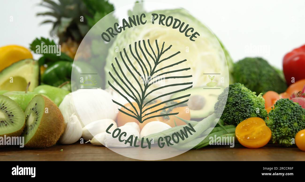 Composite of organic produce locally grown text over fruit and