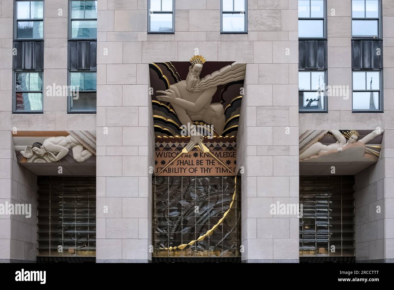 Architectural detail of Rockefeller Center, a large complex consisting of 19 commercial buildings in the Midtown Manhattan neighborhood, New York City Stock Photo
