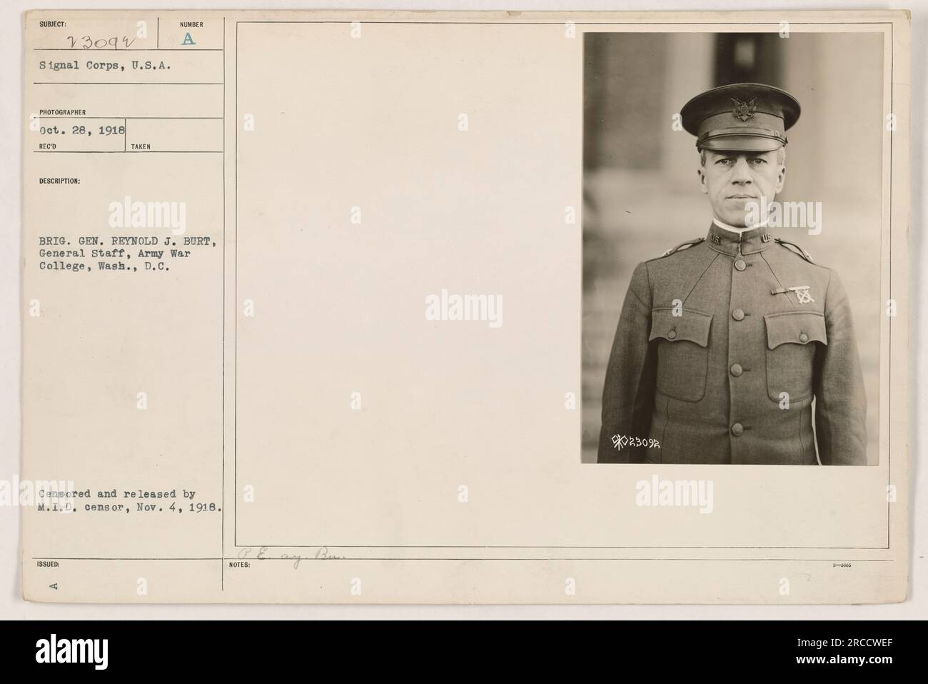 Brigadier General Reynold J. Burt of the General Staff at the Army War College in Washington D.C. during World War One. Photograph taken by the Signal Corps on October 28, 1918. The image was censored and released by the Military Intelligence Division censor on November 4, 1918. Stock Photo