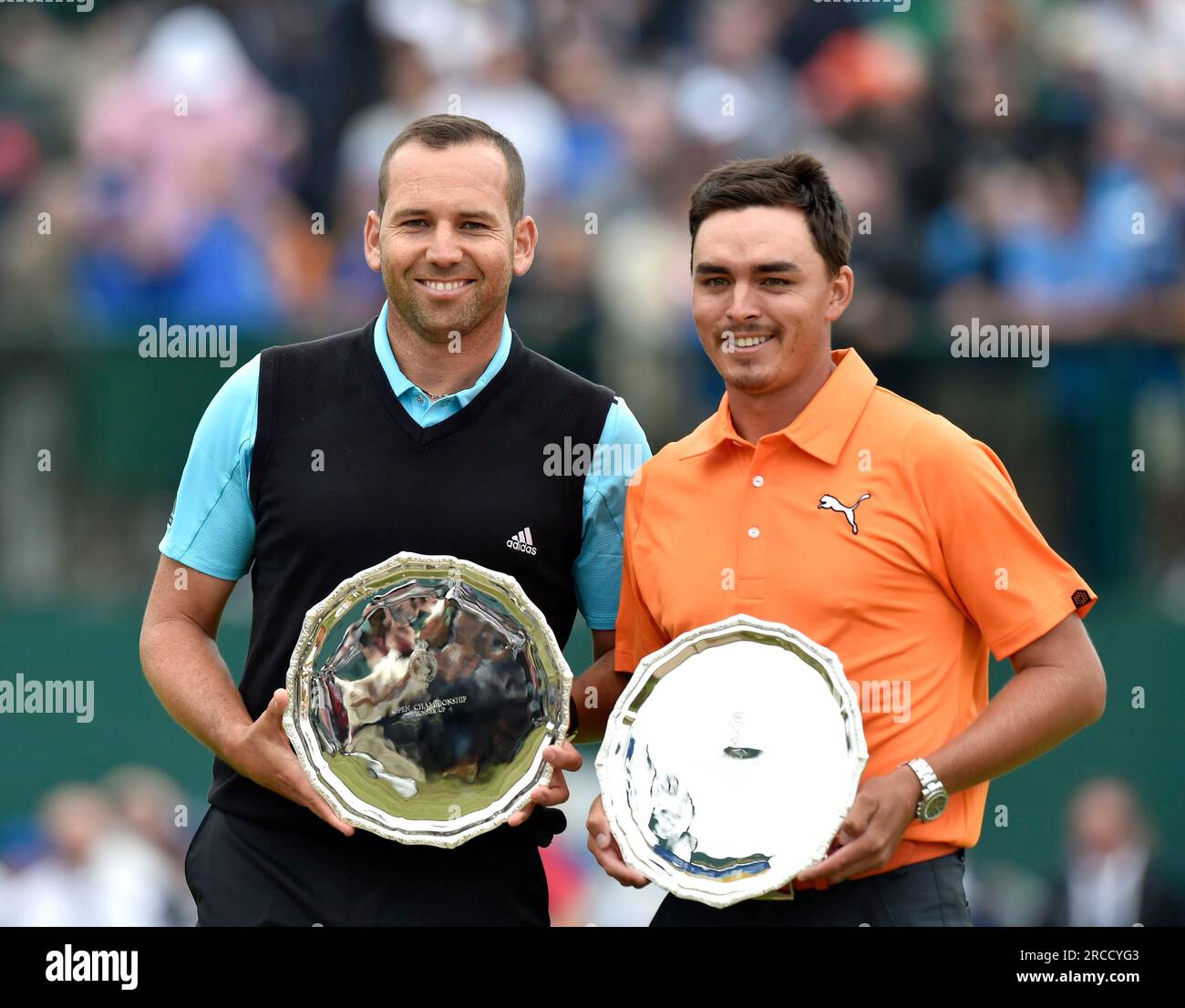 File photo dated 20-07-2014 of The Open 2014 runners up Sergio Garcia (left) and Rickie Fowler. Fowler was joint second behind McIlroy in 2014, a year in which he finished in the top five in all four majors, and won on a links course in 2015 when the Scottish Open was stage at Gullane. Issue date: Friday July 14, 2023. Stock Photo