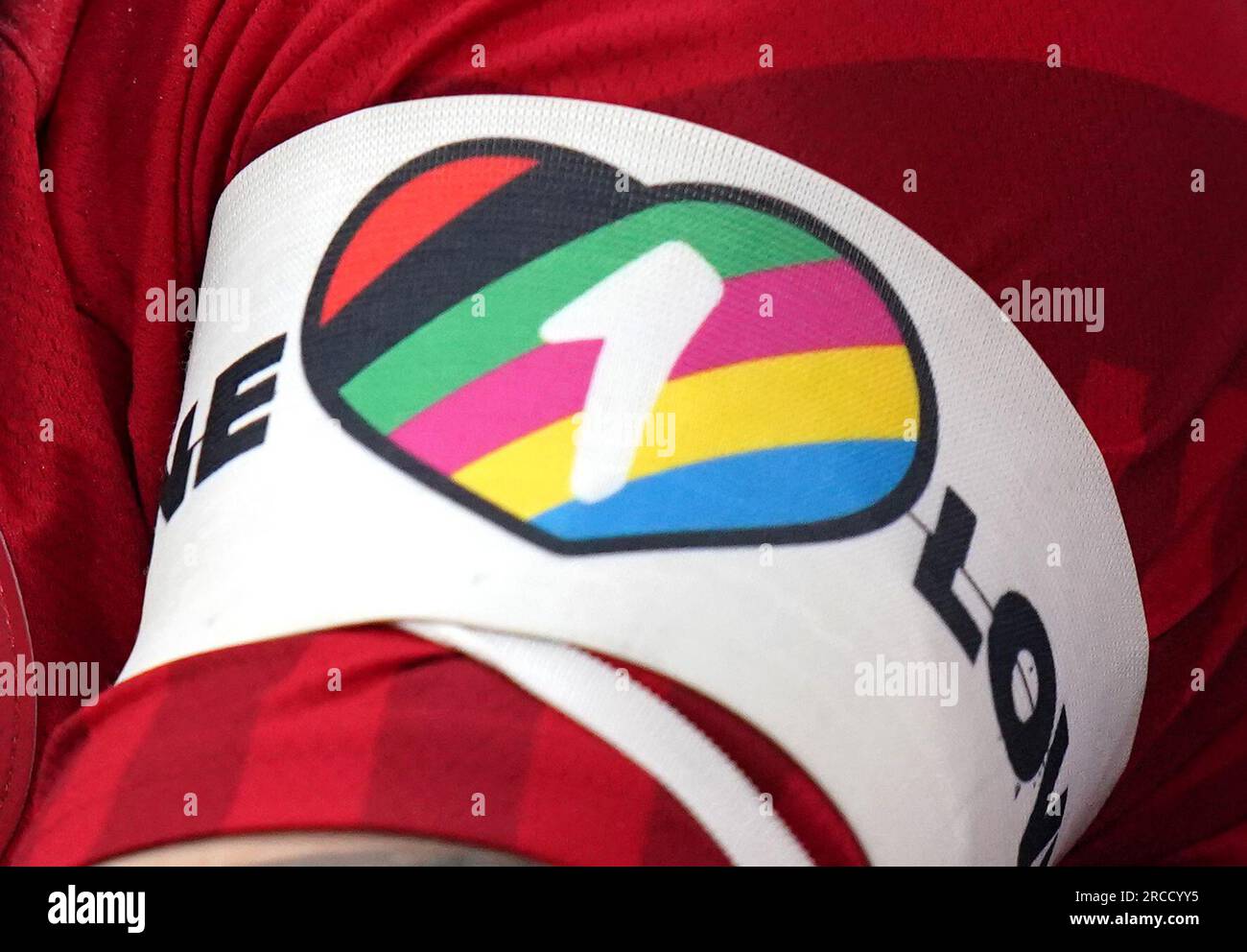File photo dated 30-11-2022 of a fan's OneLove arm band at the men's World Cup in Qatar. The rainbow 'One Love' armband ban was a hot topic during the 2022 men's World Cup in Qatar and sparked questions about what would be permitted in Australia and New Zealand, particularly as the women's game has historically featured many out members of the LGBTQ+ community, including a record number bound for the World Cup. Issue date: Friday July 14, 2023. Stock Photo