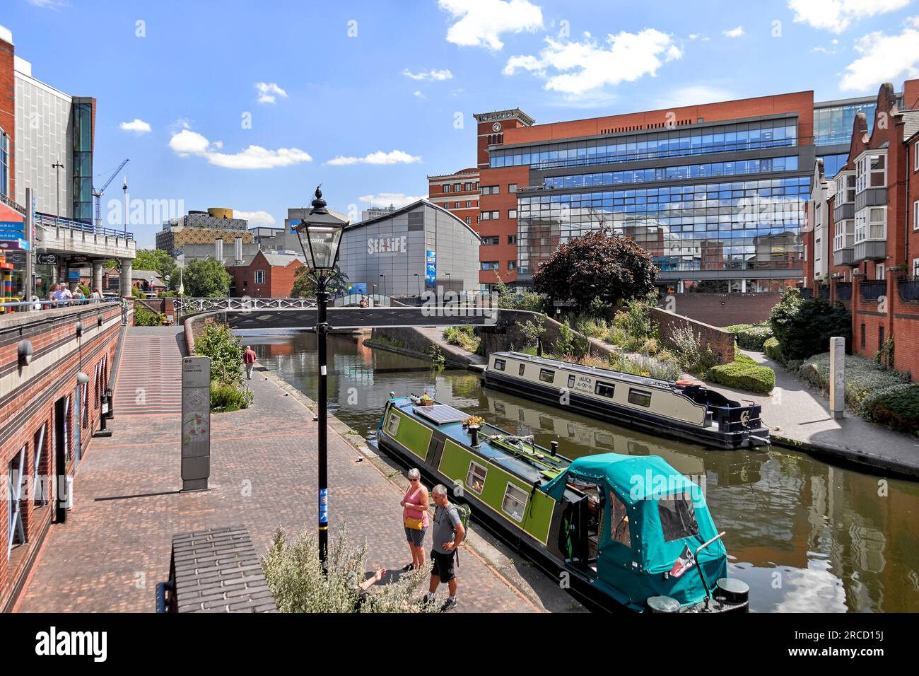 Brindley Place. Canal and narrow boats, Birmingham, England, UK, Stock Photo