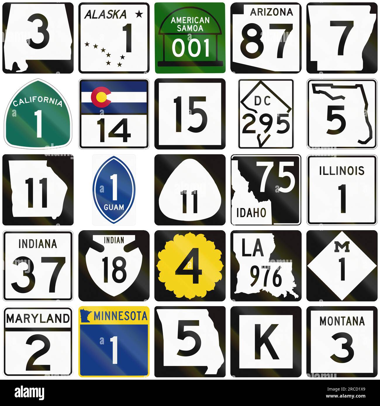 Collection of numbered road signs used in the USA. Stock Photo