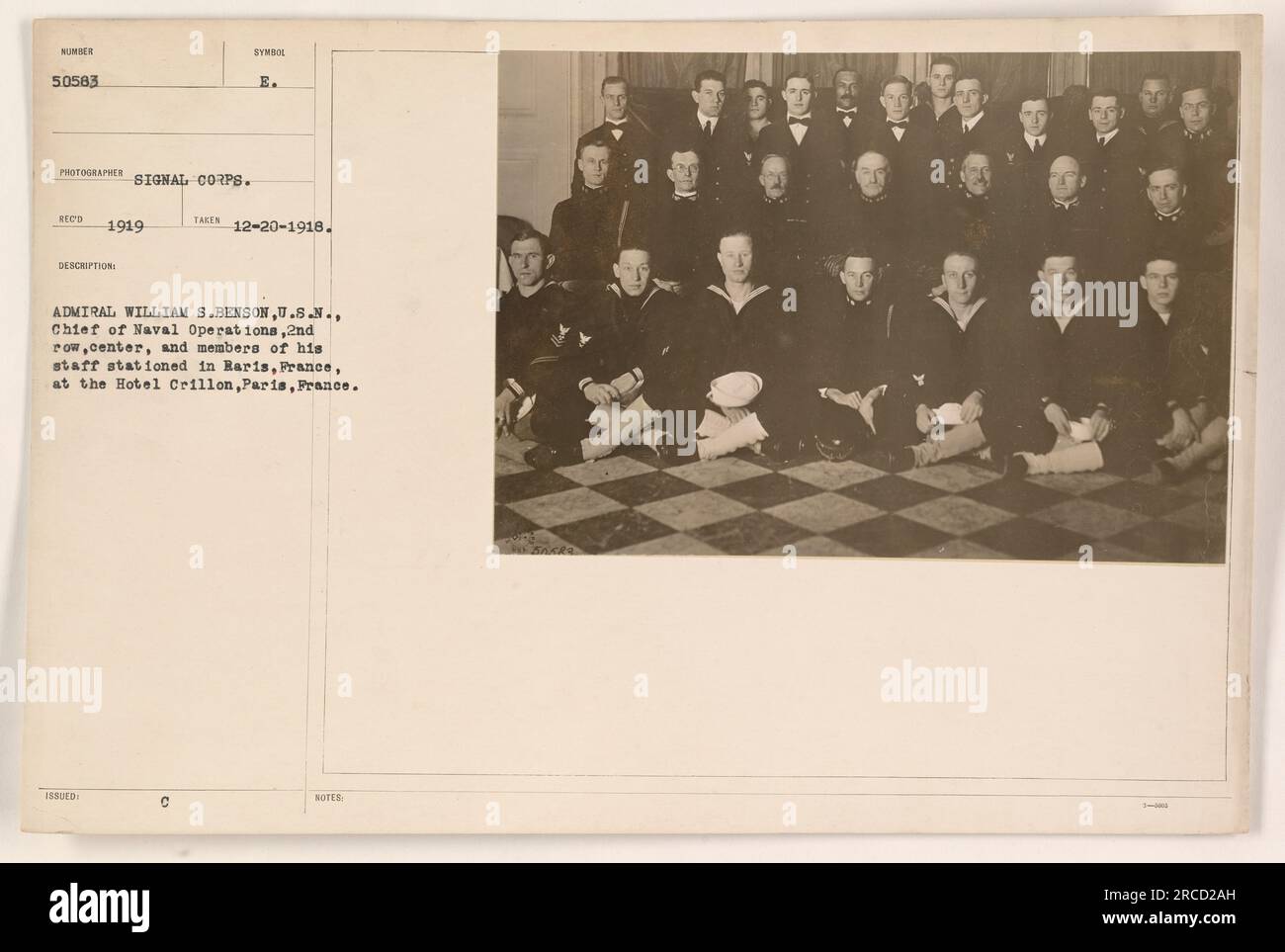 Admiral William S. Benson, Chief of Naval Operations, and his staff stationed in Paris, France at the Hotel Crillon. Photograph taken on December 20, 1918. The Admiral and his staff are seen in the second row, center. Symbol issued to the photographer is C E. Stock Photo