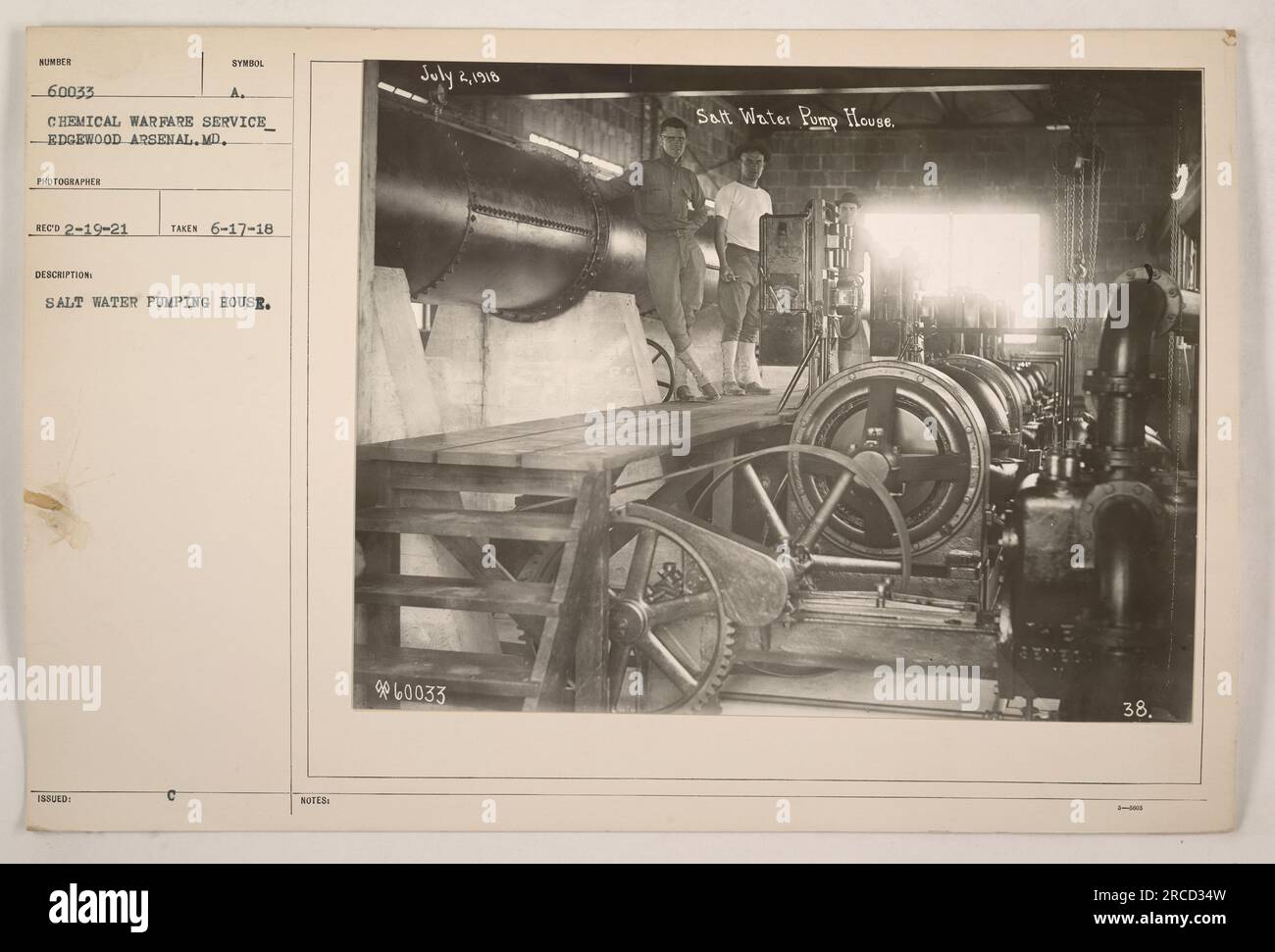 'Salt Water Pumping House at Edgewood Arsenal, MD. Photograph taken on June 17, 1918. This facility was used by the Chemical Warfare Service during World War One. Photographer Reco. Symbol issued on February 19, 1921. Description: Salt Water Pumping House. Notes: July 2, 1918, 960033 Salt Water Pump House.' Stock Photo