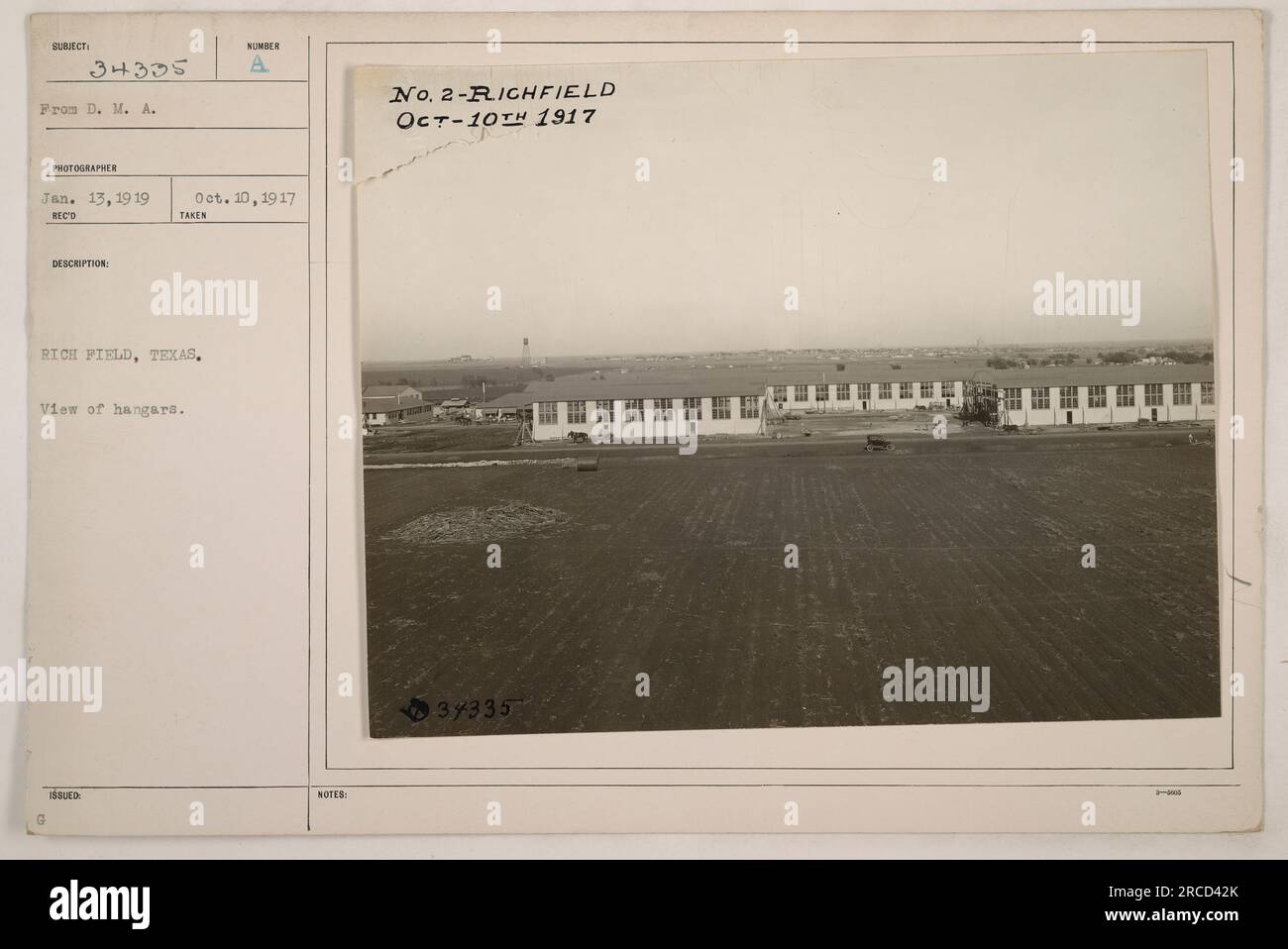 View of hangars at Rich Field, Texas. The photograph was taken on October 10, 1917. It is part of the series of photographs depicting American military activities during World War One. Stock Photo