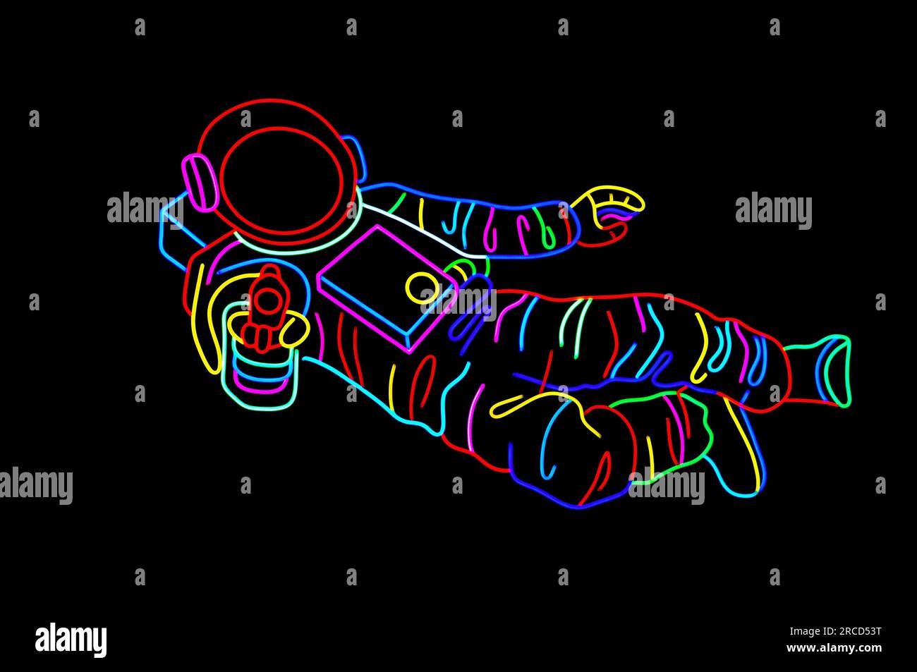 Colorful comic, neon astronaut floating in space with a dark black background Stock Photo