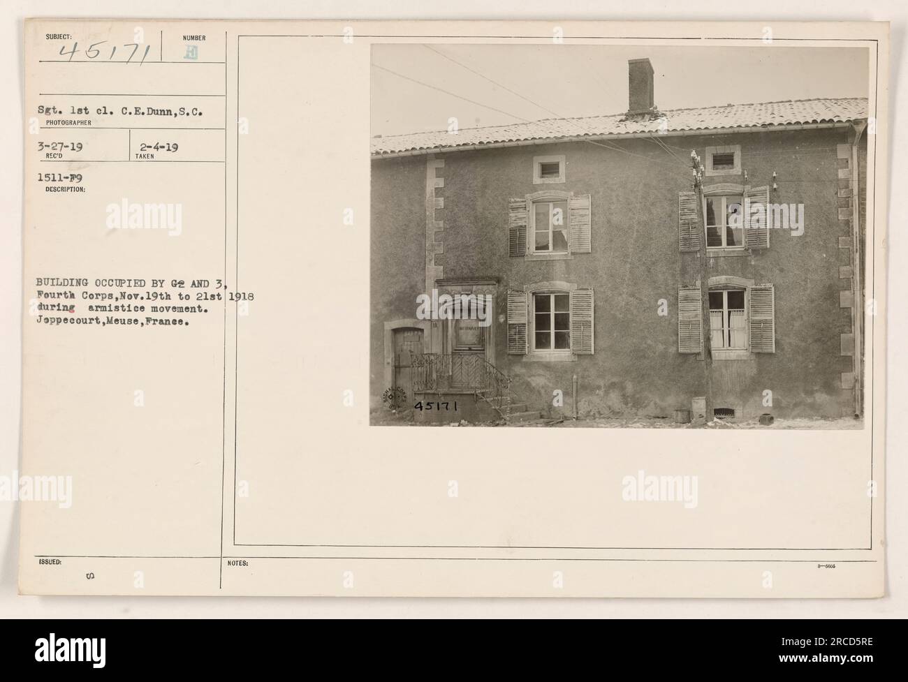 Building occupied by G2 and 3, Fourth Corps, Nov. 19th to 21st, 1918 during armistice movement. Located in Jeppecourt, Meuse, France. Image taken by Sgt. 1st cl. C.E.Dunn, S.C. on 3-27-19 and issued with the number 1511-P9. Description noted on 2-4-19 as the building occupied by G2 and 3. Stock Photo