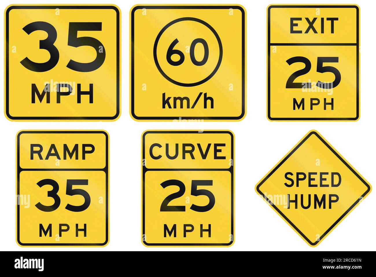 Collection of advisory speed signs used in the USA. Stock Photo