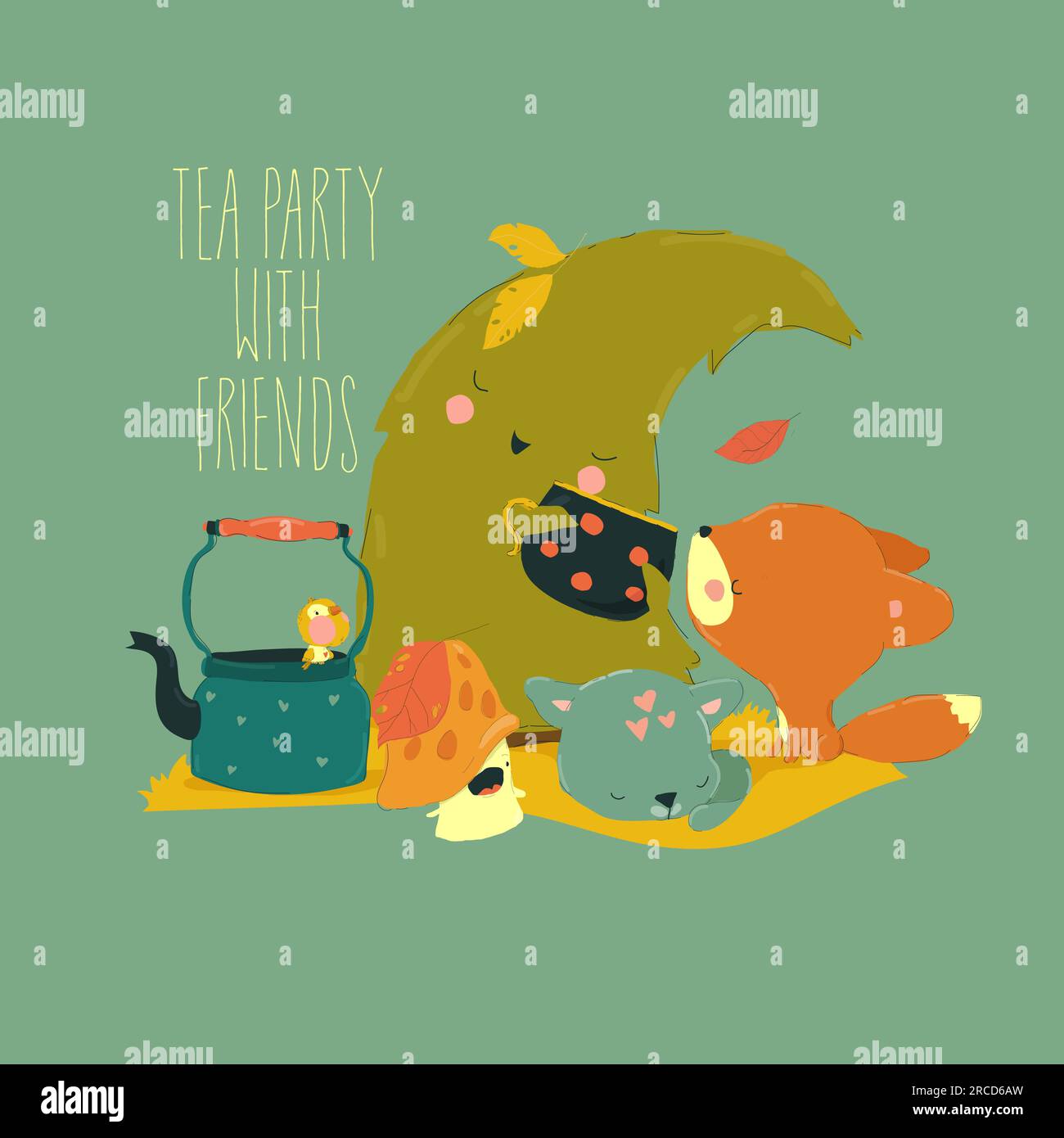 Cartoon Illustration Tea Party with Cute Animals Friends Stock Vector