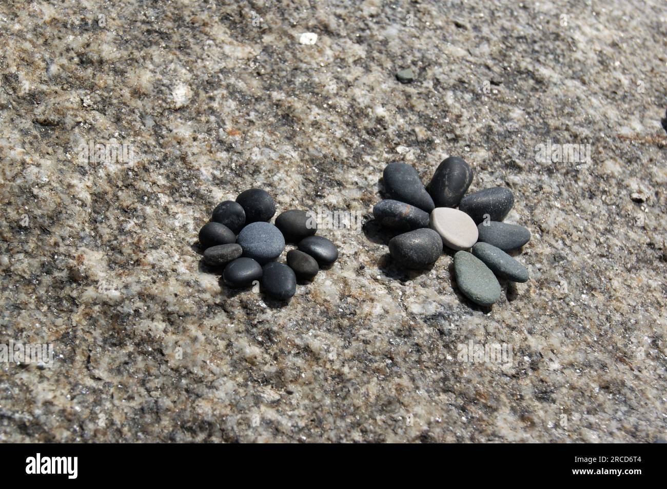 Stone garden decors. A flowers laid out of pebbles on a stone. Stock Photo