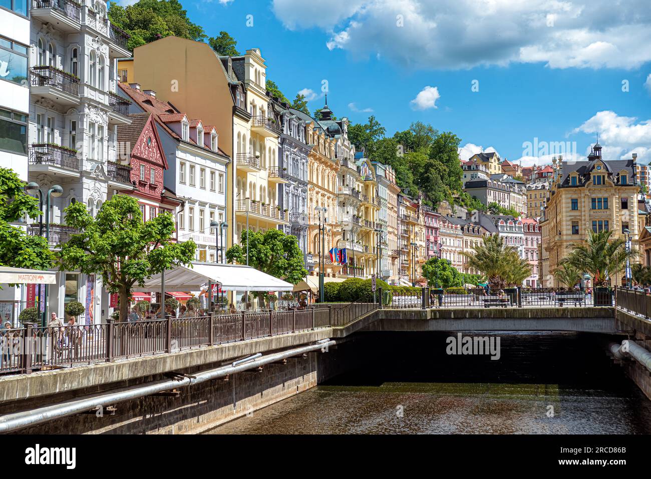Karlovy Vary, Czech Republic - May 25 2019: Embankment of Tepla river in historic center of Karlovy Vary Stock Photo