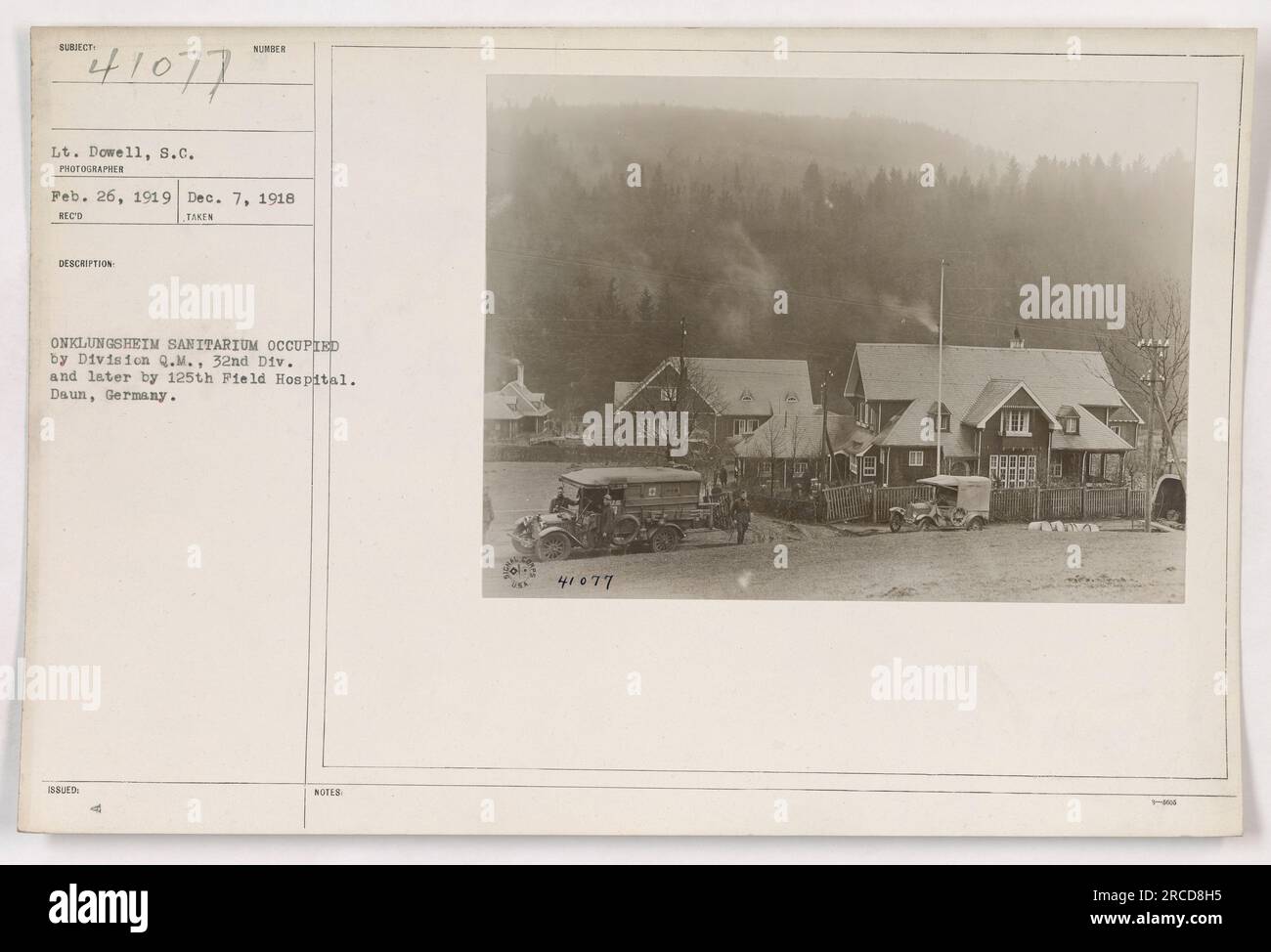 Image 41077: Lt. Dowell, s.c., an American military photographer, took this photograph on February 26, 1919. The image shows the Sunber Onklungsheim Sanitarium in Daun, Germany, which was initially occupied by Division Q.M. of the 32nd Division and later by the 125th Field Hospital. This photograph was received on December 7, 1918. Stock Photo